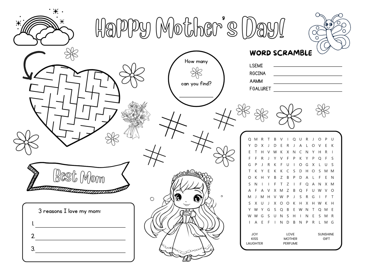 Mother's Day Printable Placemats- Black and white princess printed pdf file with games -Kids Activities Blog