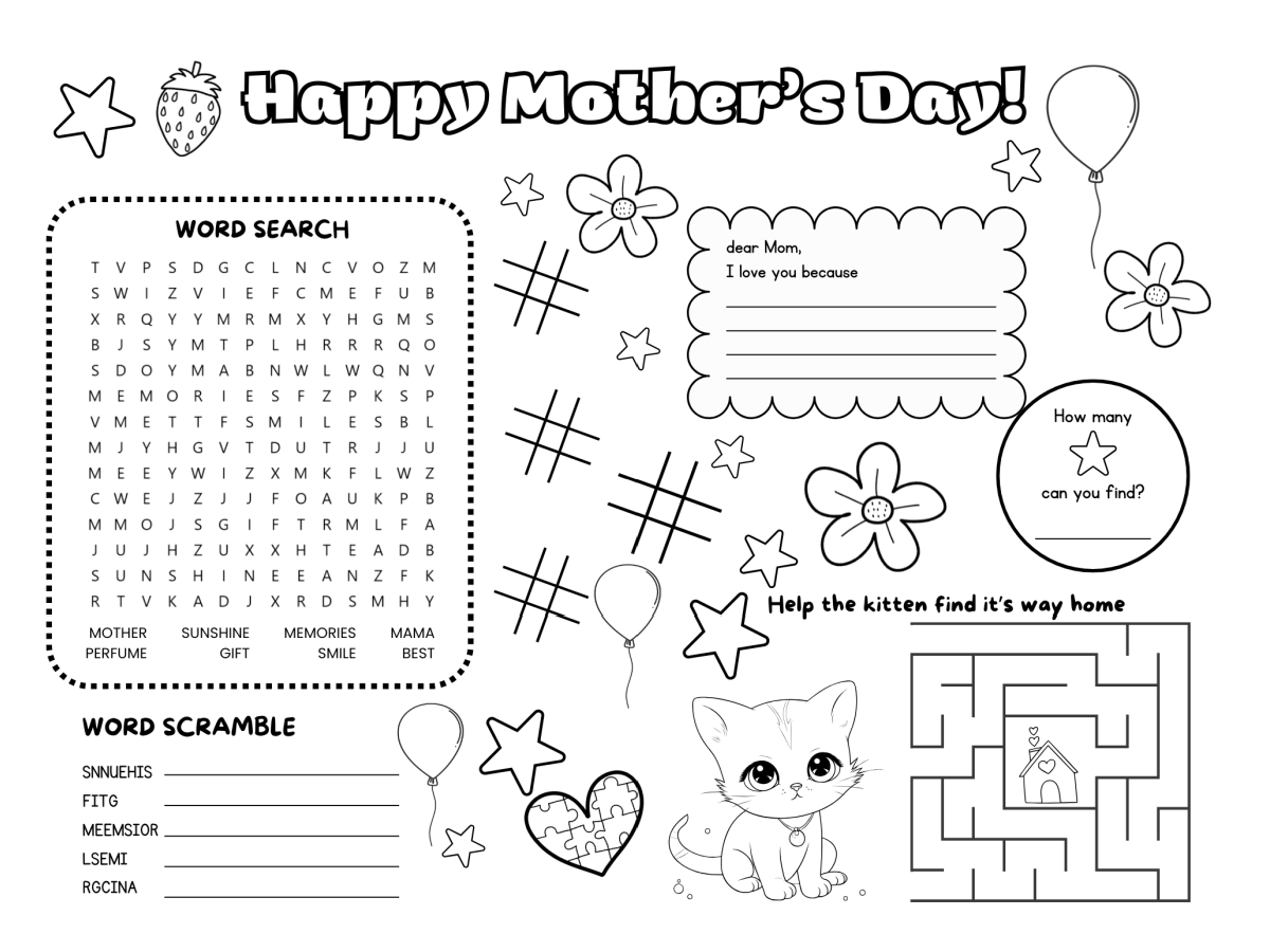 Mother's Day Printable Placemats- Black and white cat printed pdf file with games -Kids Activities Blog