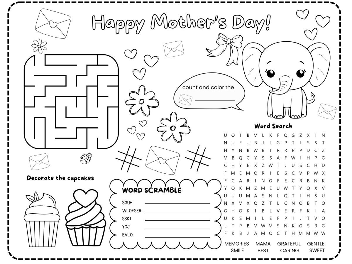 Mother's Day Printable Placemats- Black and white elephant printed pdf file with games -Kids Activities Blog