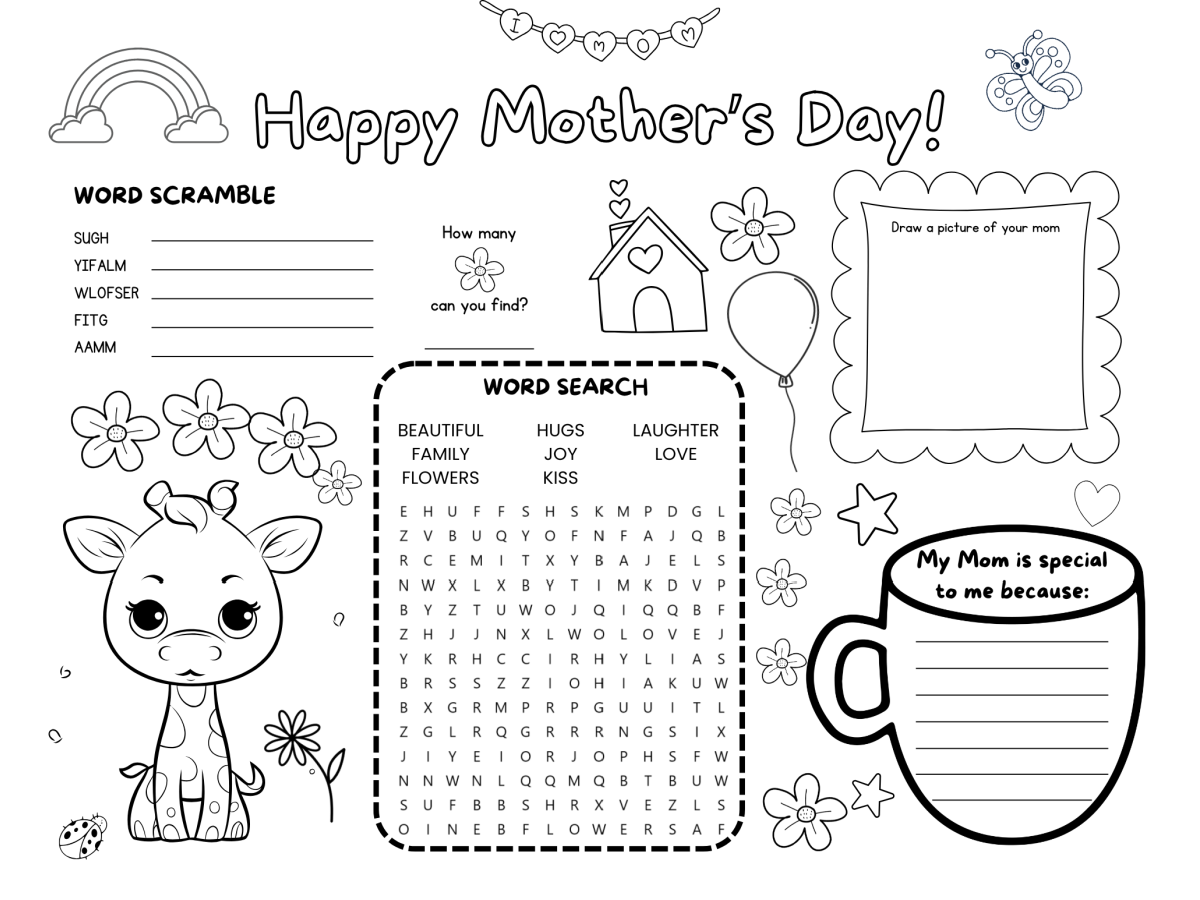 Mother's Day Printable Placemats- Black and white giraffe printed pdf file with games -Kids Activities Blog