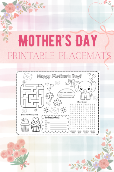 Mother's Day Printable Placemats- Place mat on pastel background with flowers and hearts -Kids Activities Blog