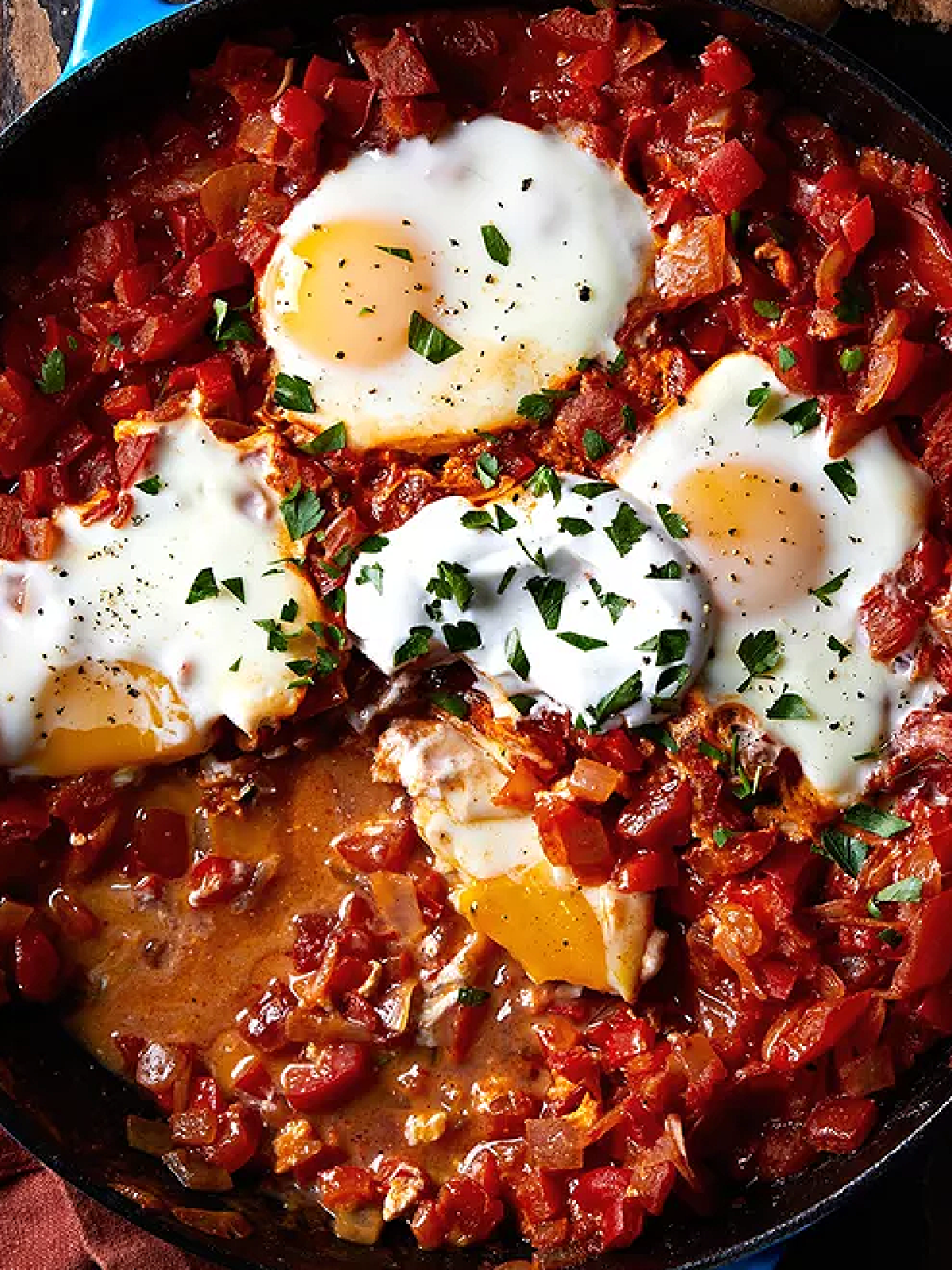 Mother's Day Breakfast Recipes- shakshouka in a pan with eggs- Kids Activities Blog
