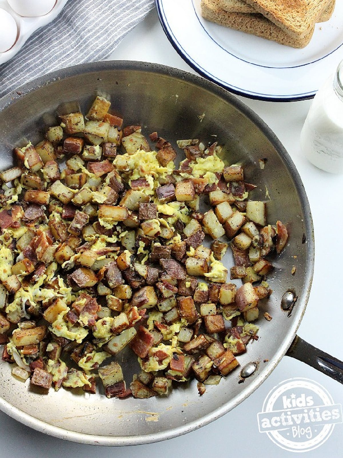 Mother's Day Breakfast Recipes- potatoes, meat, eggs in a skillet - Kids Activities Blog