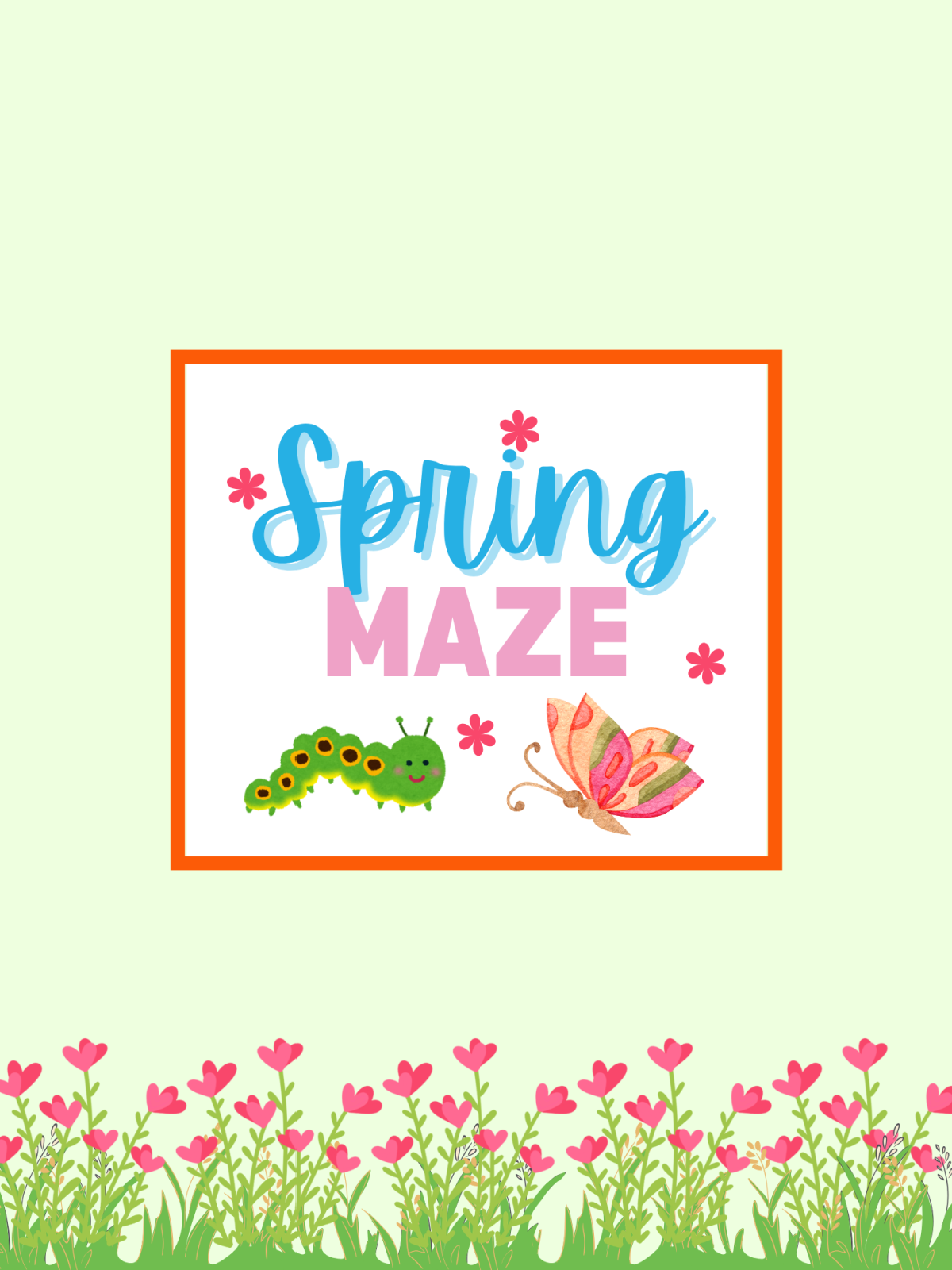 Spring Activity Pages- Green cover with flowers, butterflies, and caterpillars, and text -Kids Activities Blog