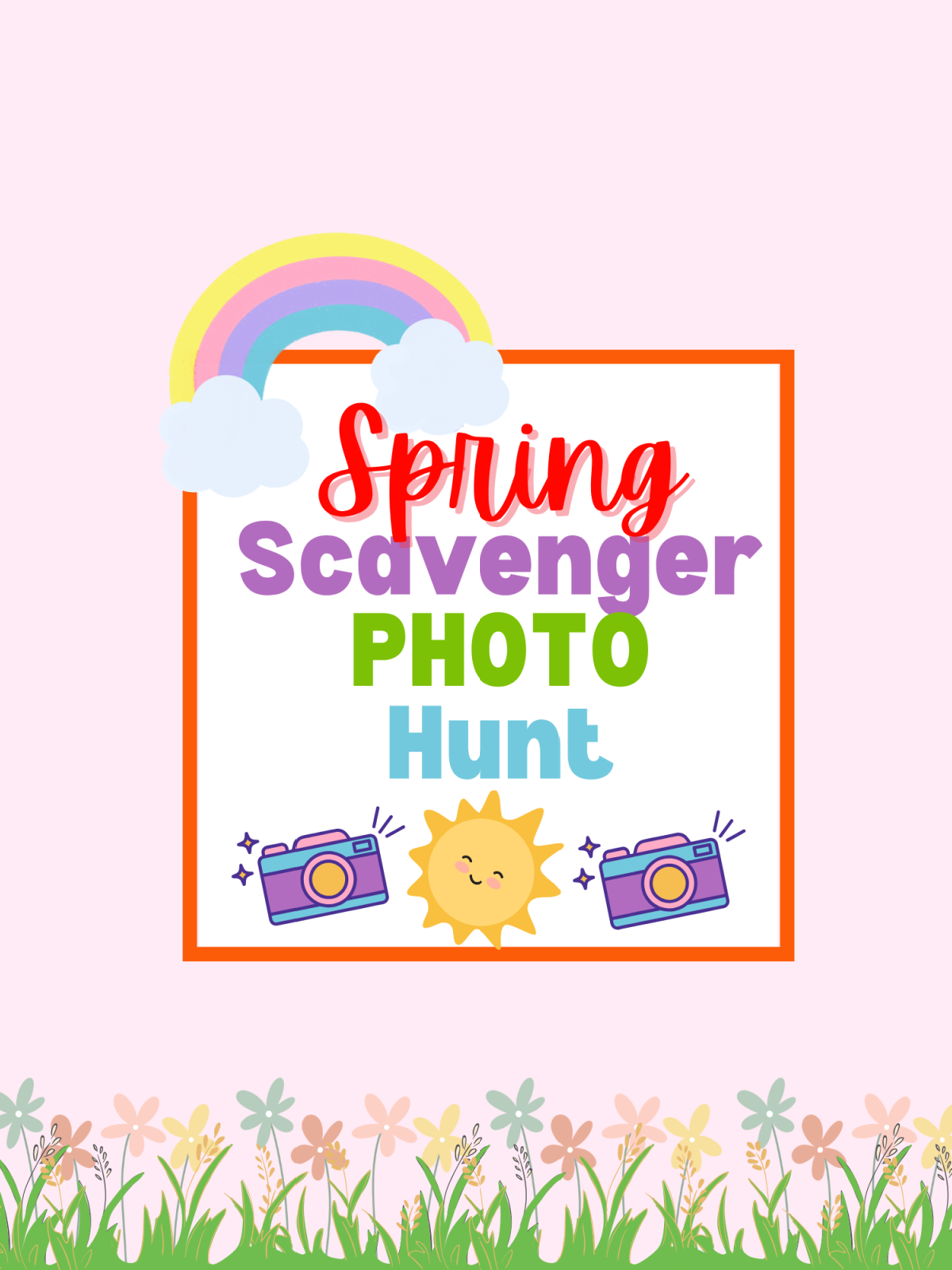 Spring Activity Pages- purple background with text, cameras, sun, and rainbows -Kids Activities Blog