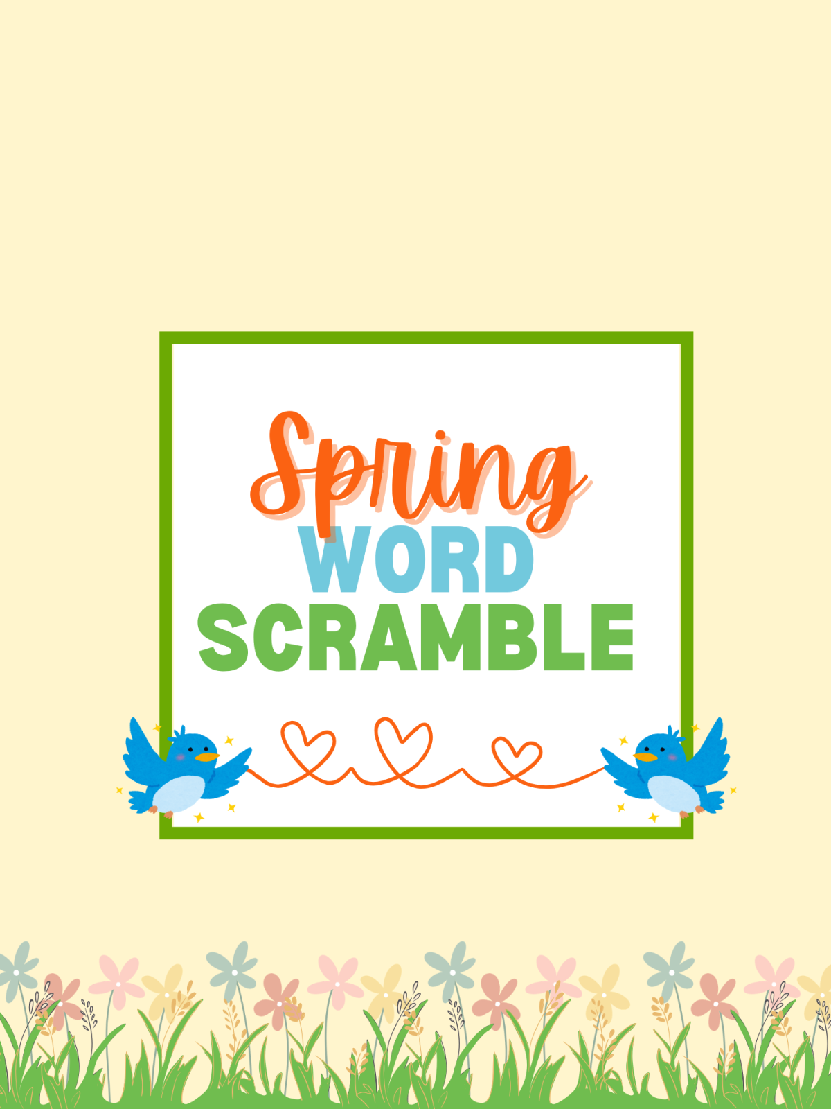 Spring Activity Pages- Yellow cover with birds and hearts and text -Kids Activities Blog