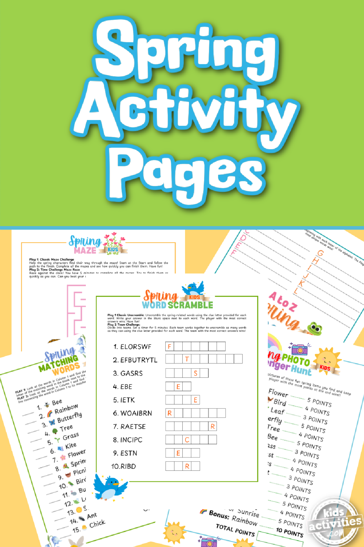 Spring Activity Pages- Printables on a yellow and green background with text-Kids Activities Blog
