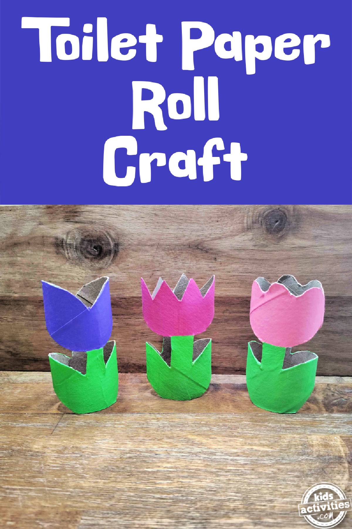 Toilet Paper Roll Spring Craft- purple, dark pink, light pink, green flowers against wood background- Kids Activities Blog