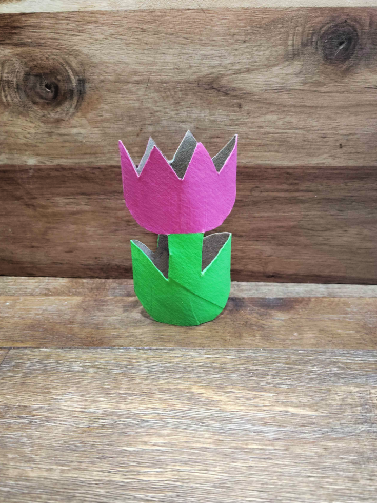 Toilet Paper Roll Spring Craft- Step 4 - Flower that is pink and green - Kids Activities Blog