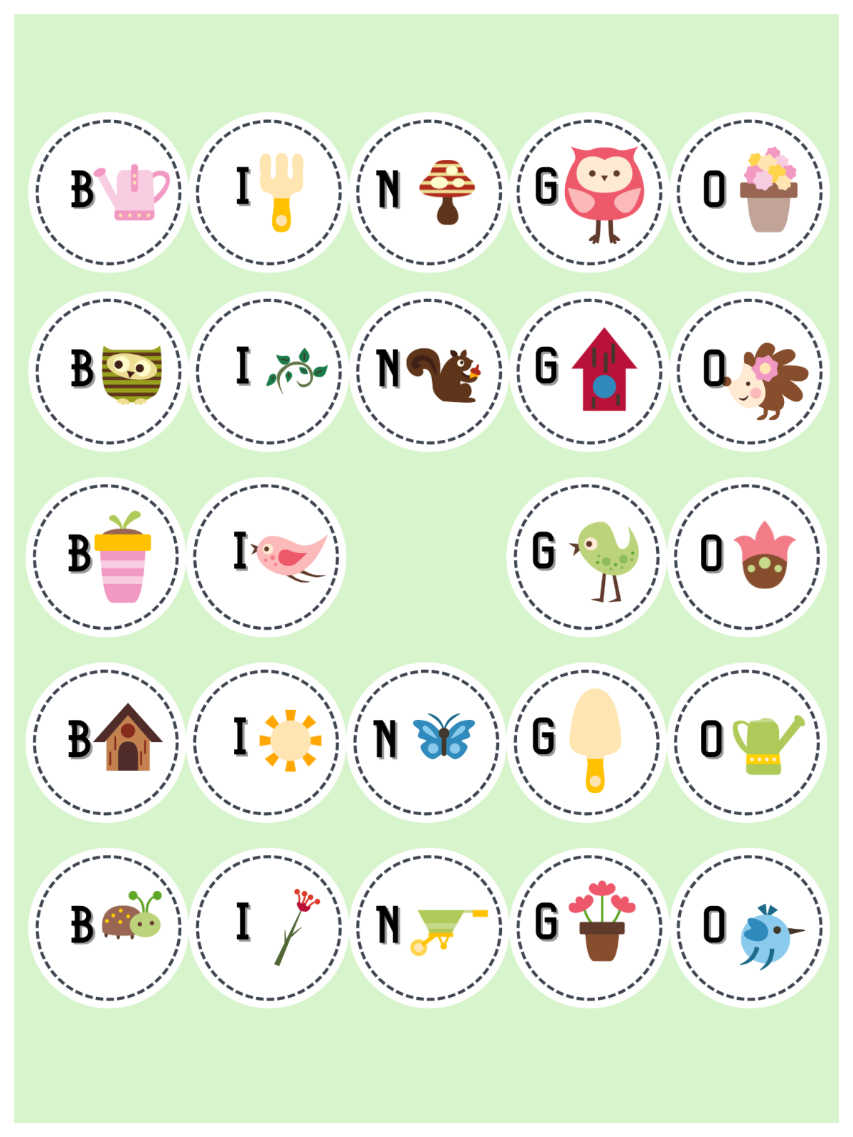 Backyard Bingo Game- green page with white tokens with letters and images-Kids Activities Blog