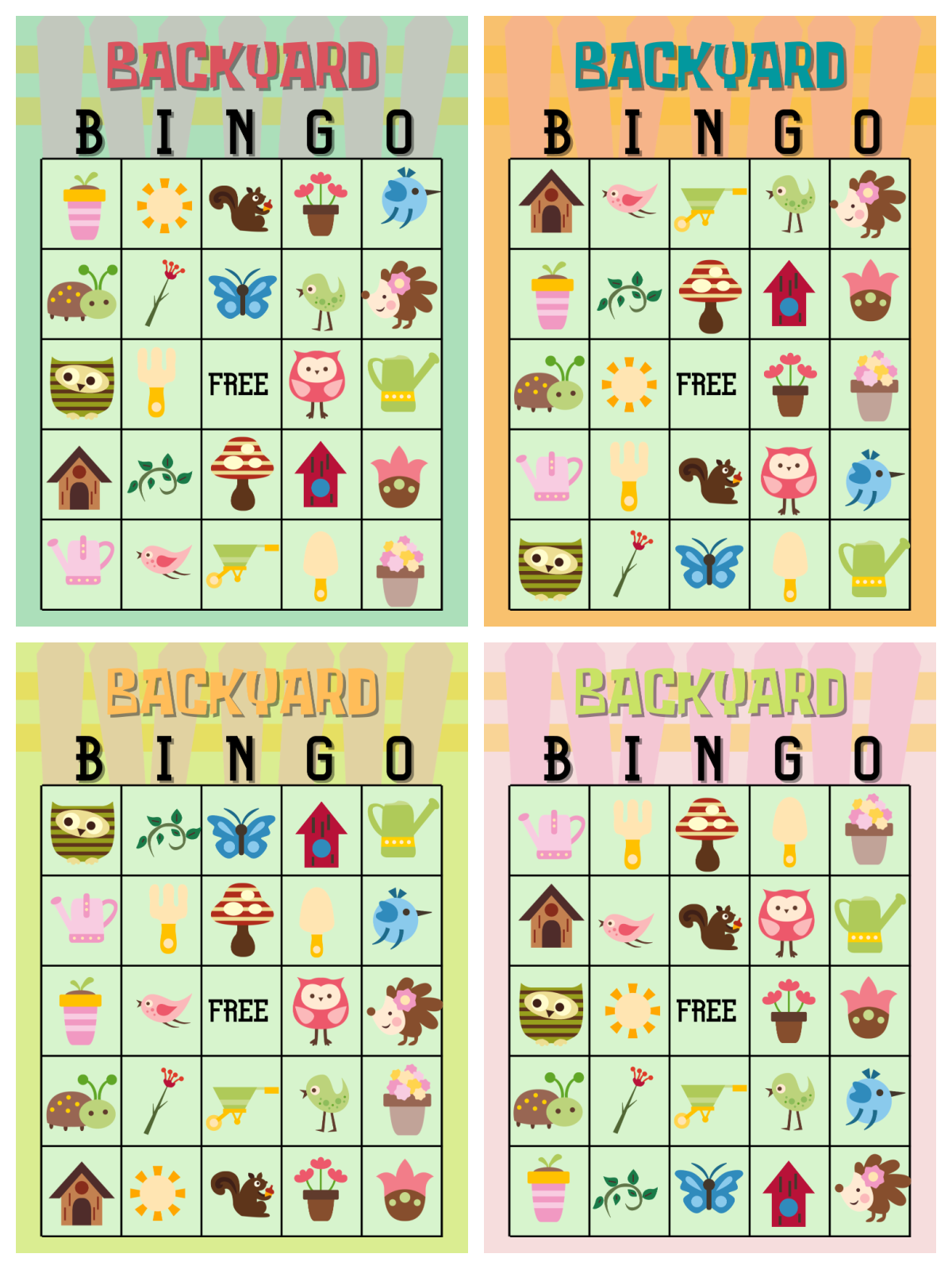 Backyard Bingo Game- 4 bingo cards different colors with different images and text-Kids Activities Blog