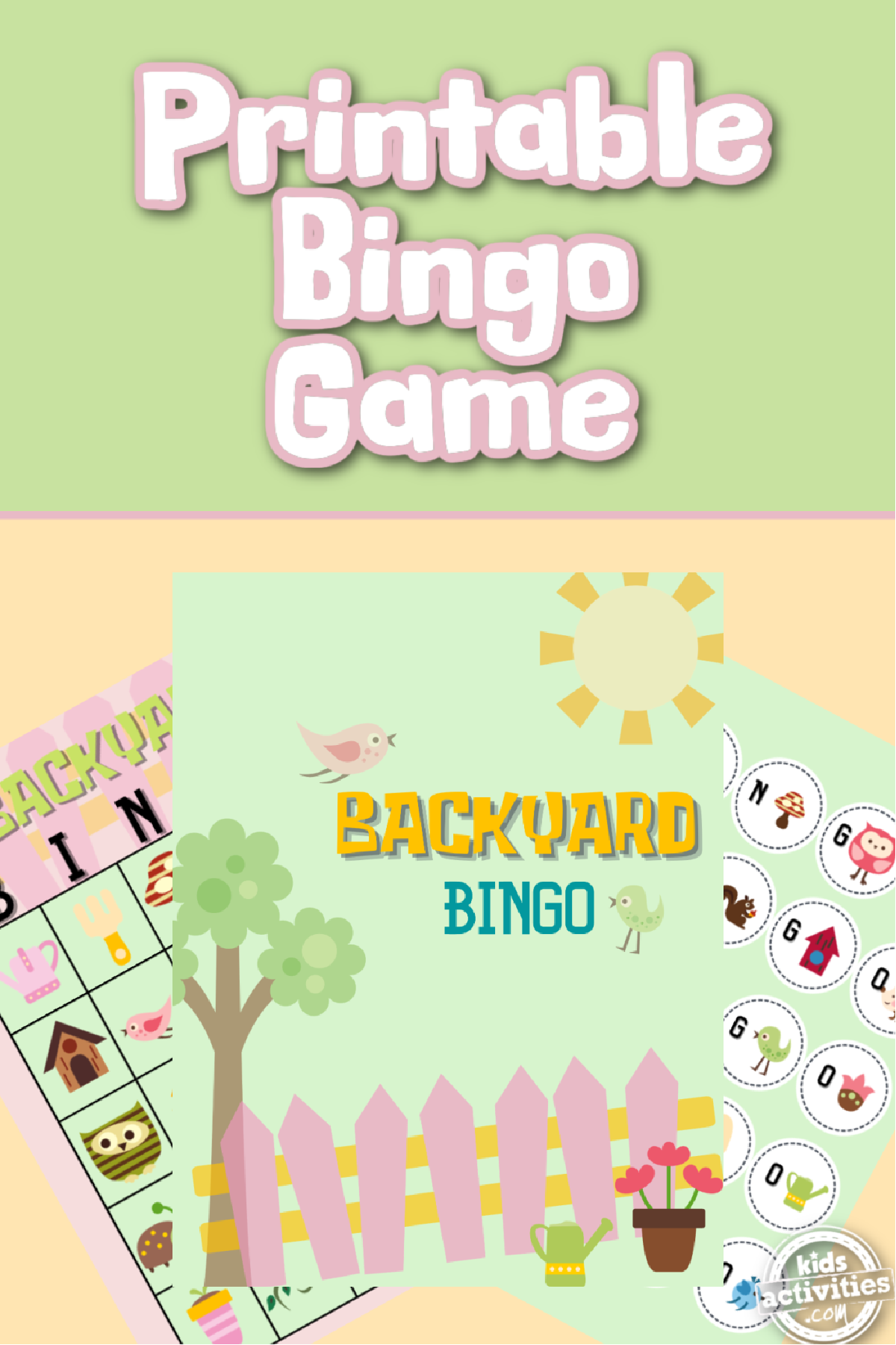 Backyard Bingo Game- cover, card, and tokens on green and yellow background -Kids Activities Blog