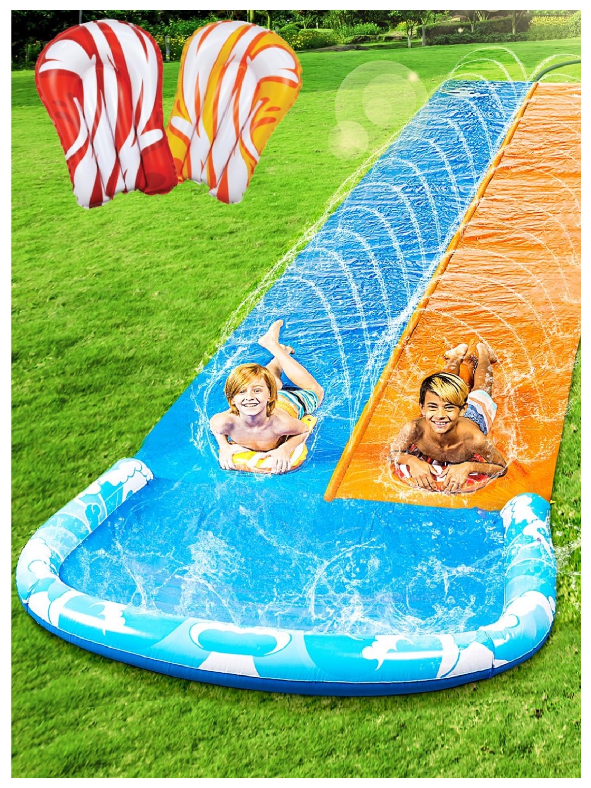 Beat The Heat- children on orange and blue slip and slide - Kids Activities Blog