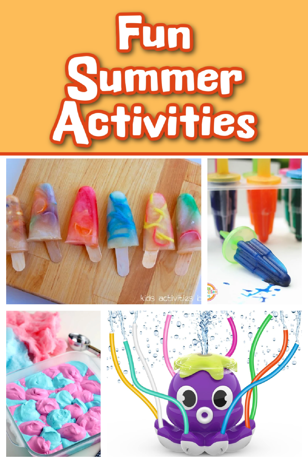 Beat The Heat- orange and red text, popsicles, frozen paint, ice cream sprinkler - Kids Activities Blog