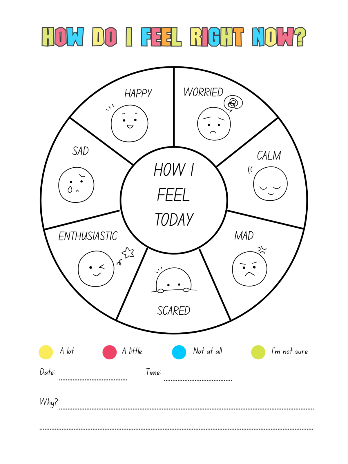 Getting To Know My Feelings- how do I feel right now wheel with faces, colors, text, and blanks - Kids Activities Blog