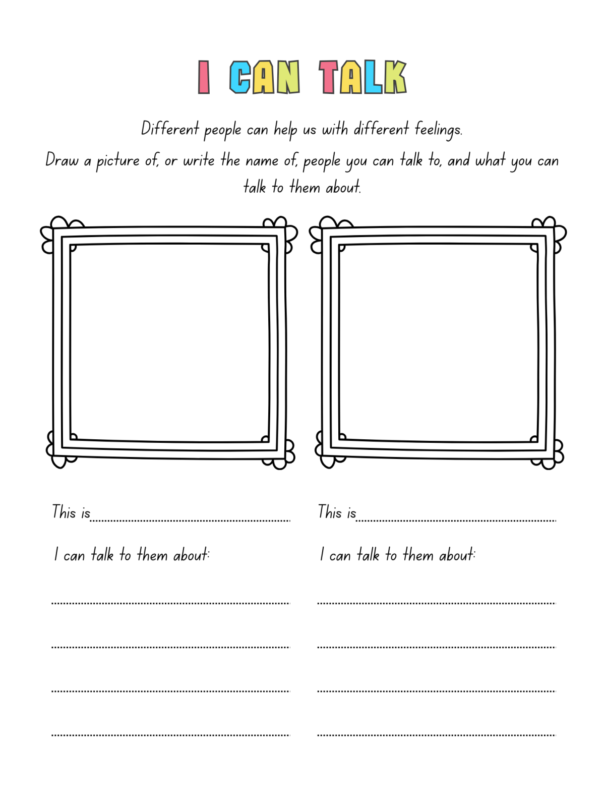 Getting To Know My Feelings- who I can talk to with blanks and frames and text- Kids Activities Blog