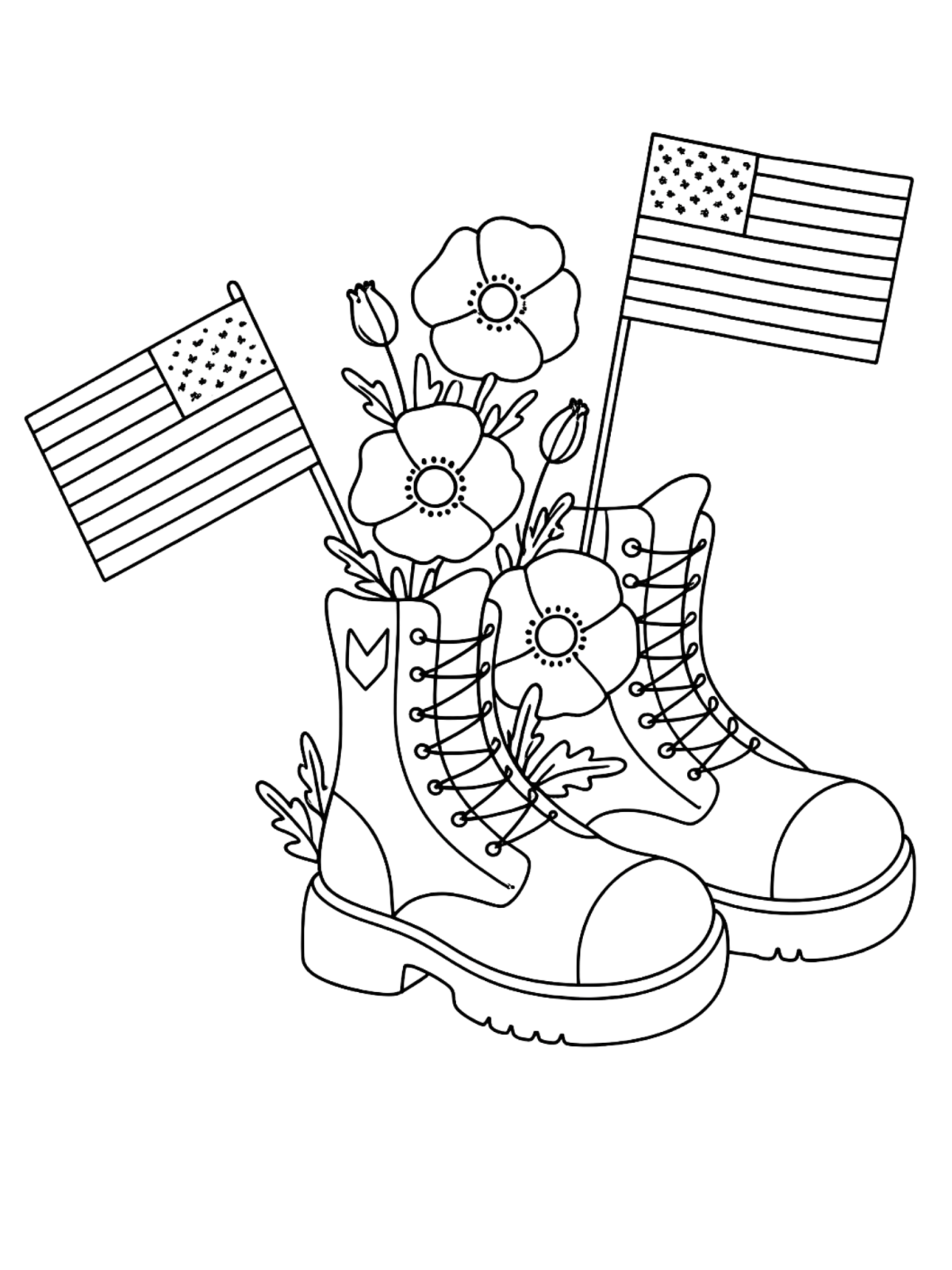 Memorial Day Coloring Page- combat boots, poppies and flags black and white-Kids Activities Blog