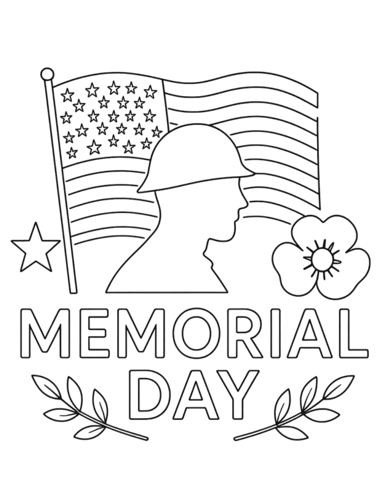 Memorial Day Coloring Page- Vines, stars, poppies, soldier, and flag -Kids Activities Blog