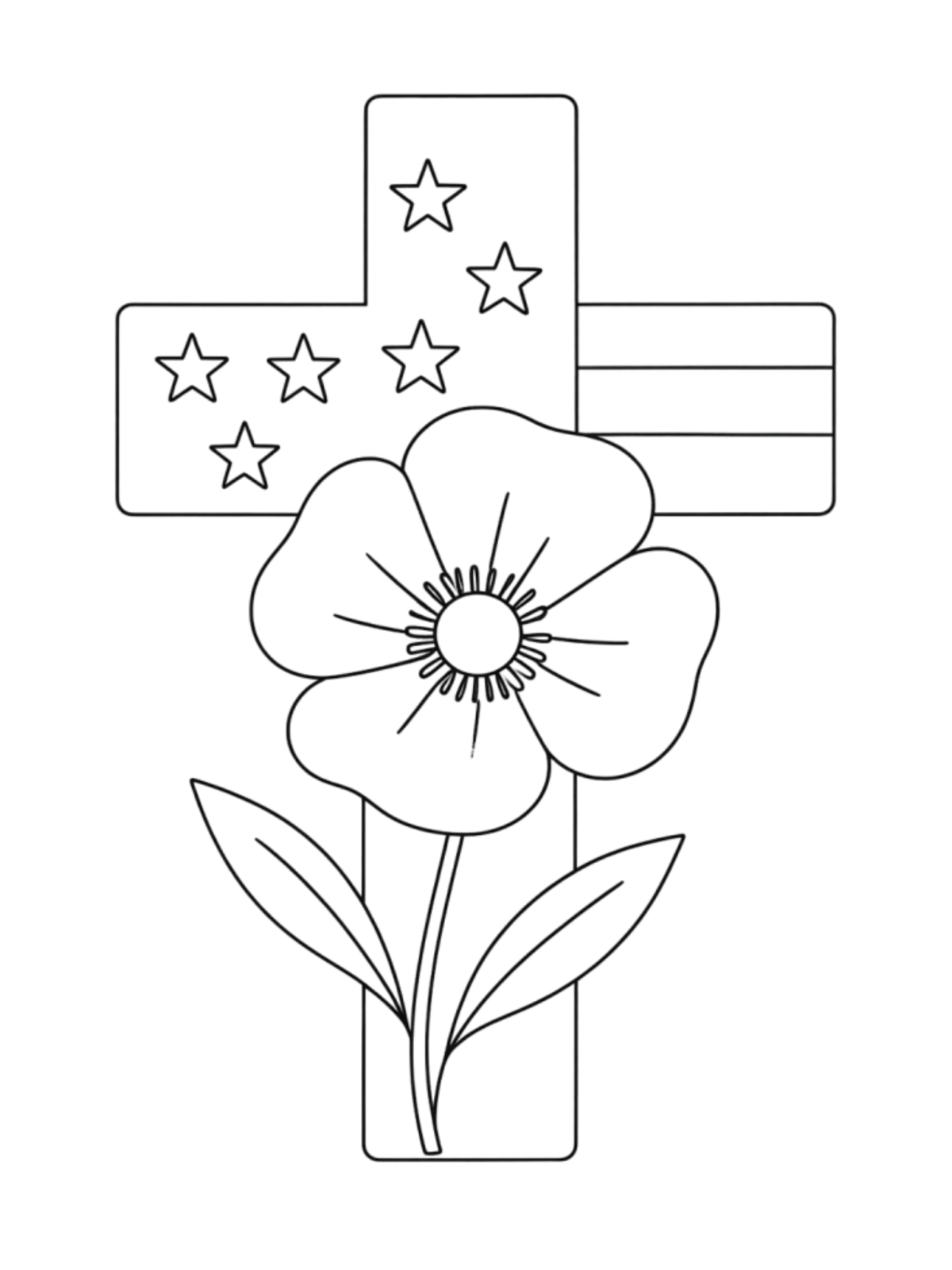 Memorial Day Coloring Page- Cross with the American flag inside and poppy-Kids Activities Blog