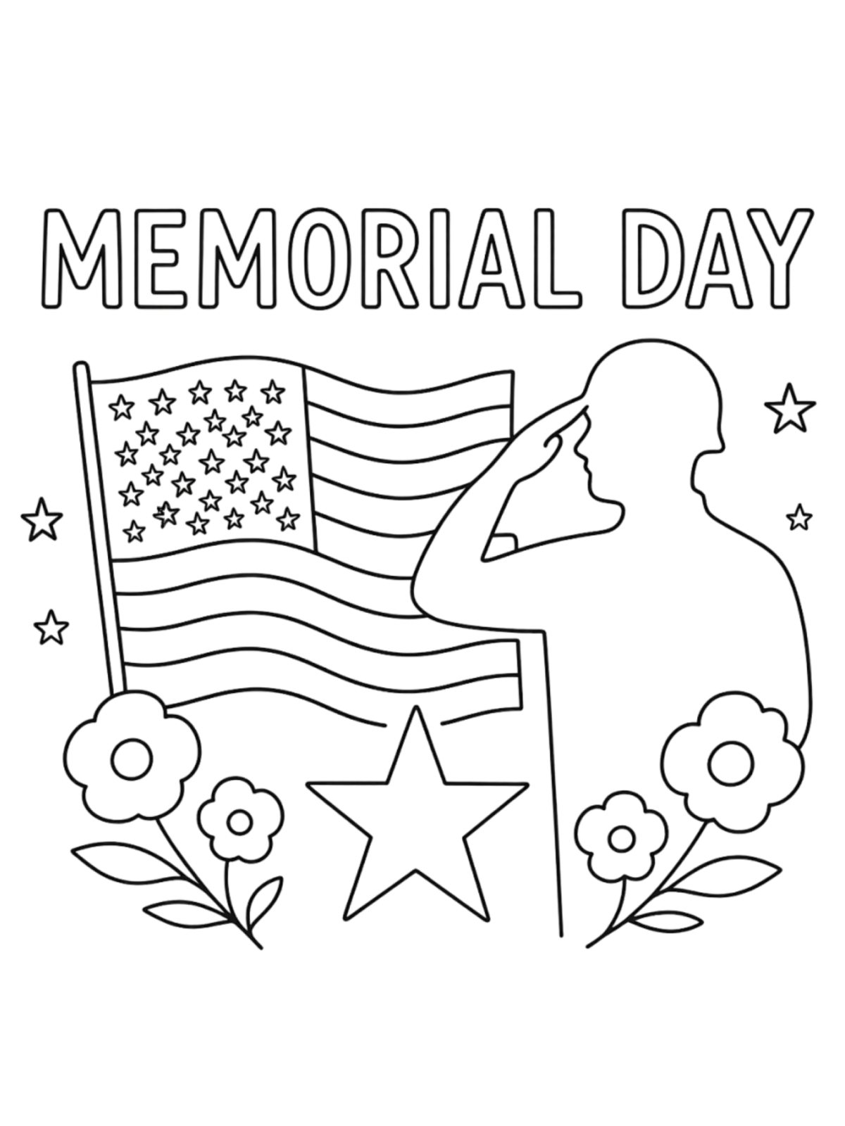 Memorial Day Coloring Page- Text with flags, stars, poppies, and soldier -Kids Activities Blog