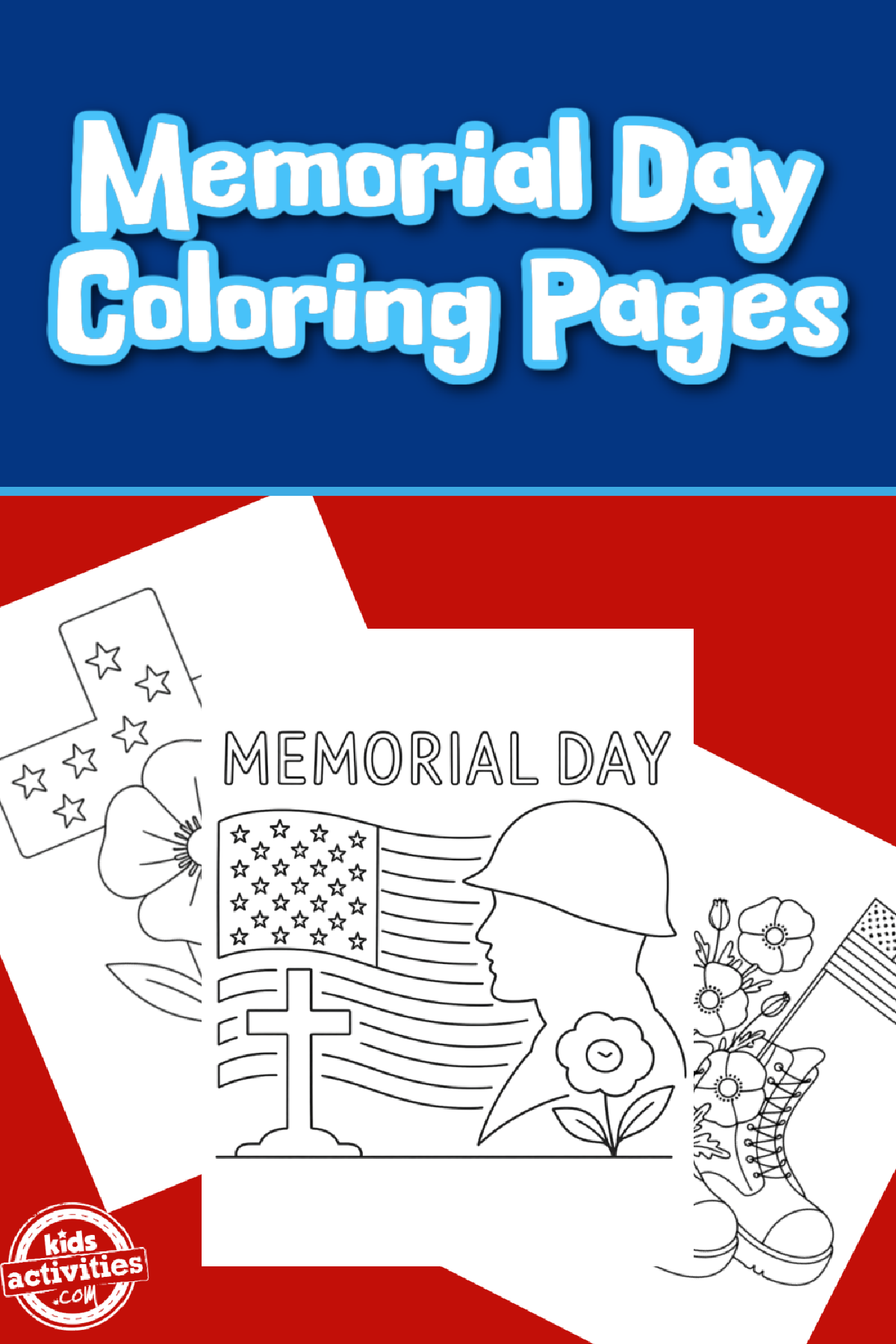 Memorial Day Coloring Page- Black and white coloring pages against a red white and blue background-Kids Activities Blog