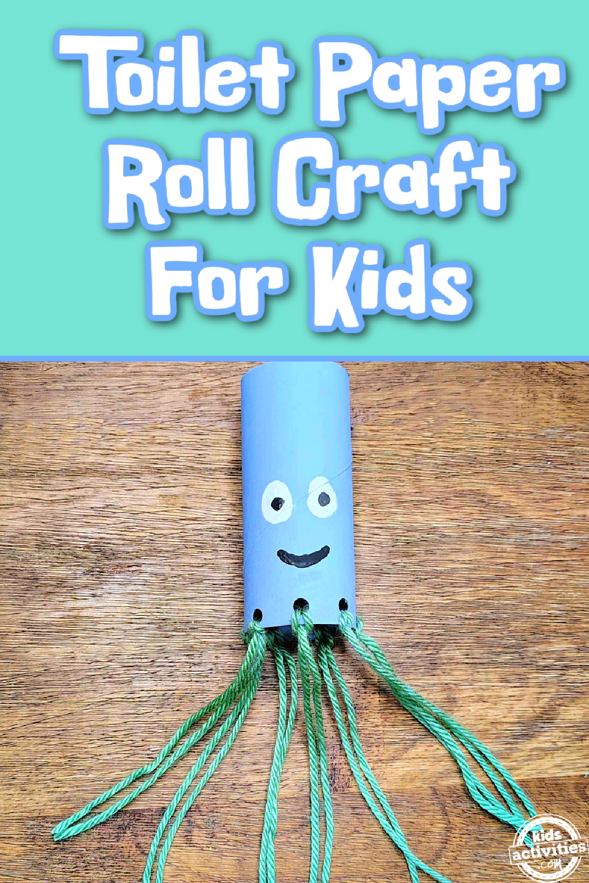 Toilet Paper Roll Octopus Roll- Blue octopus with yarn and wood background -Kids Activities Blog