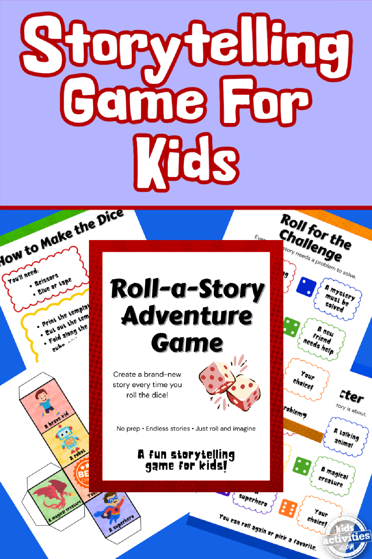 Roll A Story- printables against a blue and purple background- kids activities blog