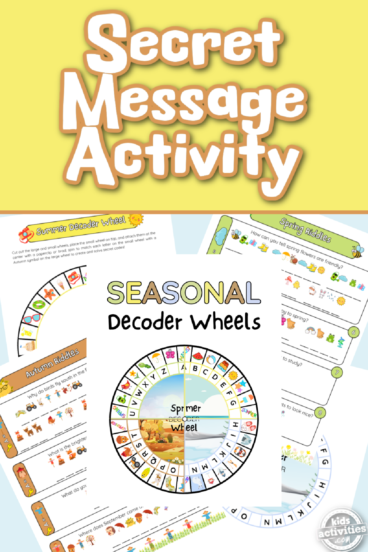 Secret Message Cipher Wheel- Printables on a blue and yellow and orange background- Kids Activities Blog