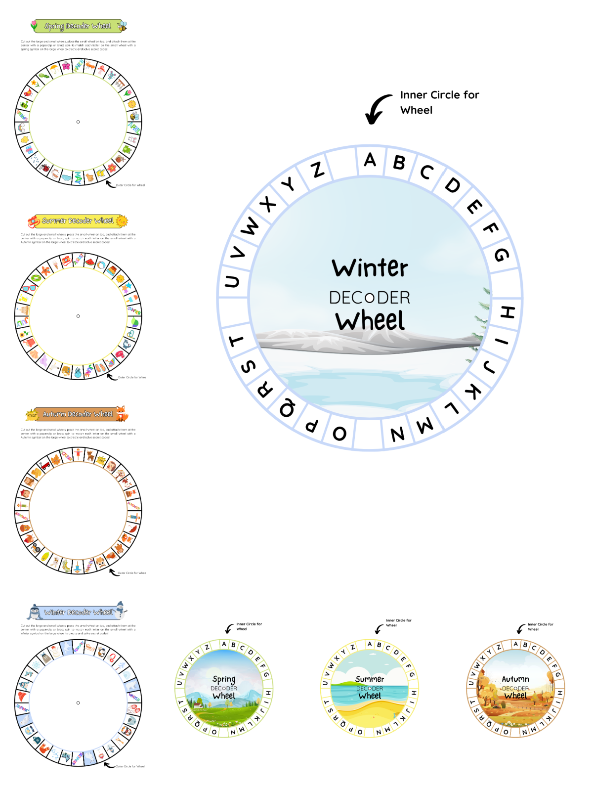 Secret Message Cipher Wheel- Decipher wheels spring, summer, winter, fall with images and letters - Kids Activities Blog