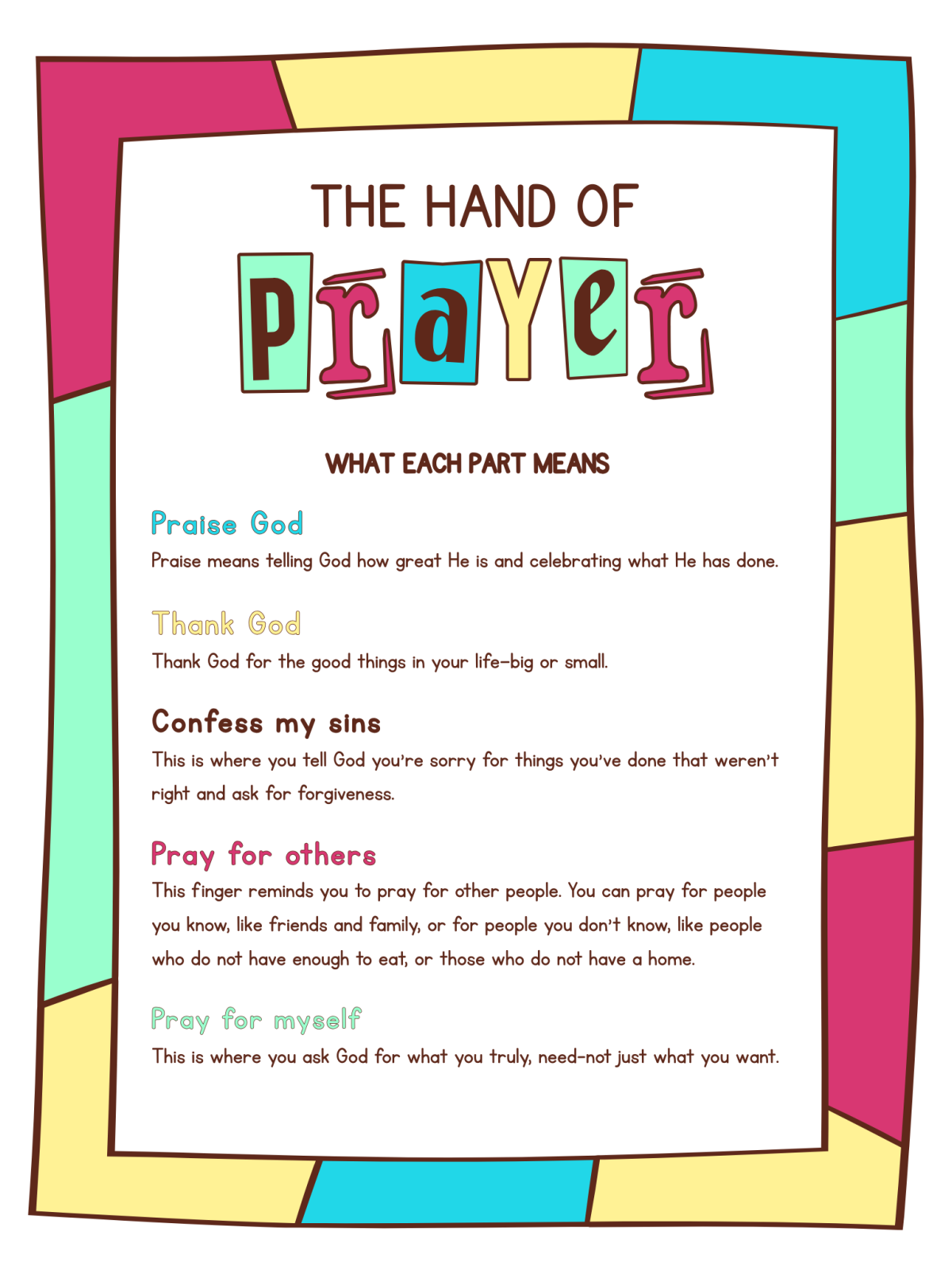 Teach Me To Pray- the hand of prayer with text and colors -Kids Activities Blog