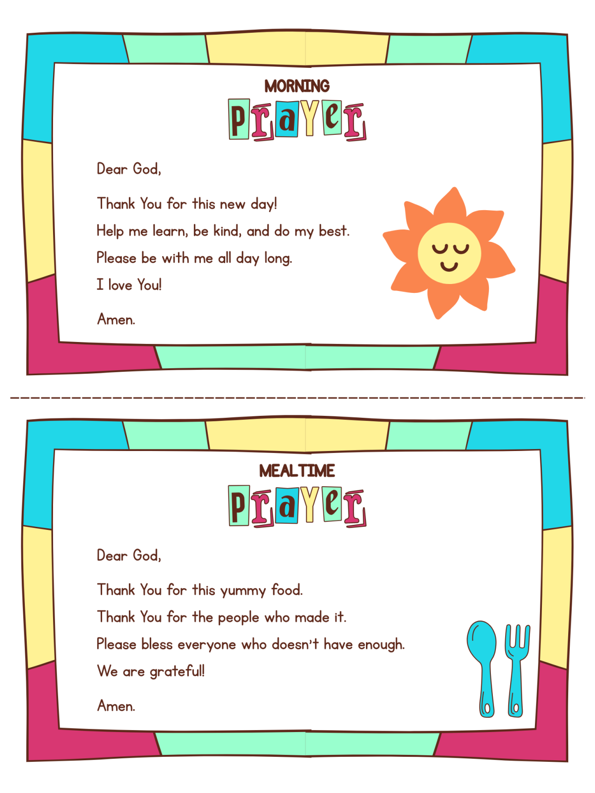 Teach Me To Pray- two prayer cards with images and text and colors -Kids Activities Blog