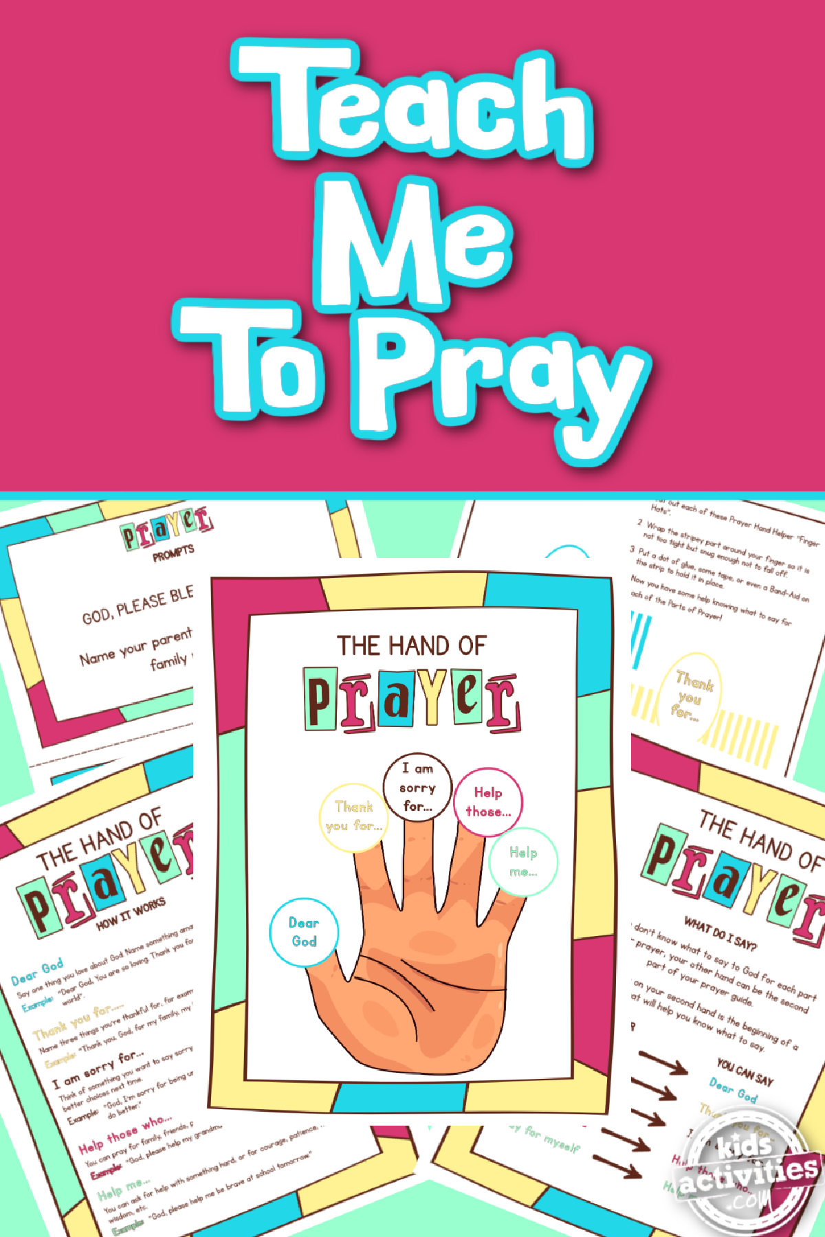 Teach Me To Pray- printables on a green, blue, and pink background -Kids Activities Blog