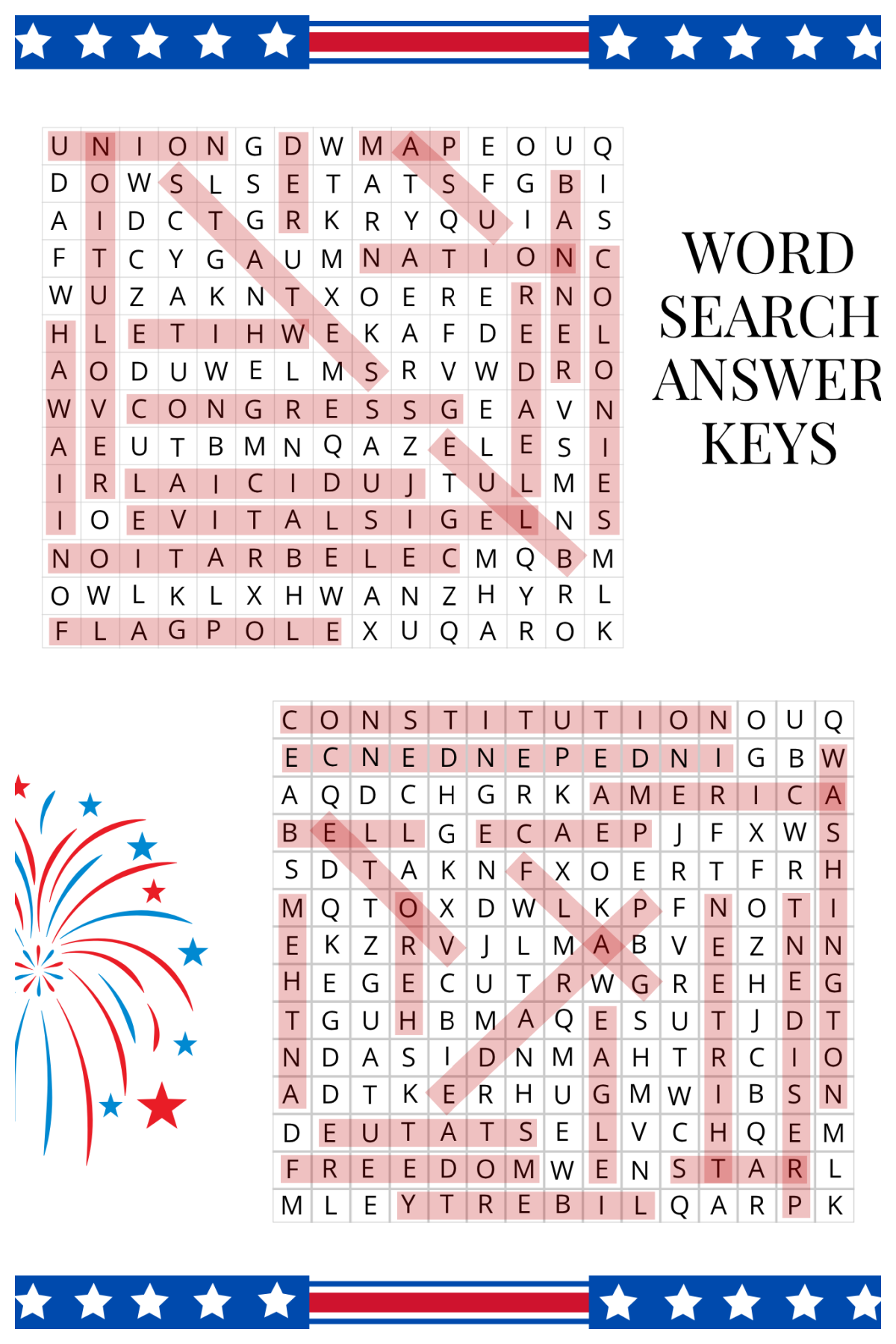 4th Of July Activity Pages- Answer key with red for the word search- Kids Activities Blog