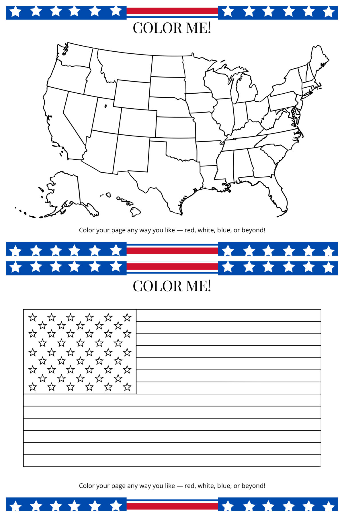 4th Of July Activity Pages- red white and blue borders and the USA and american flag coloring pages- Kids Activities Blog