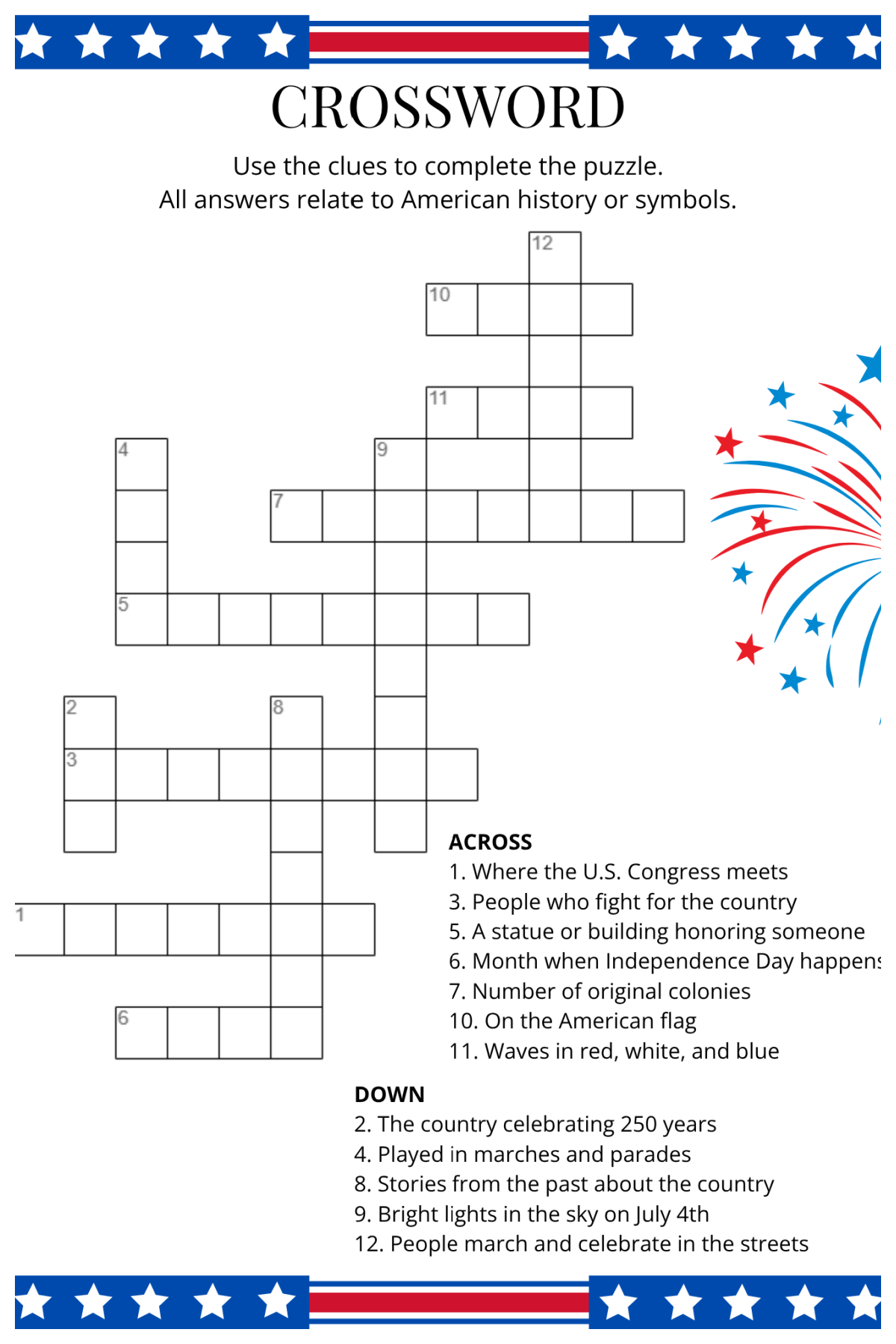4th Of July Activity Pages- crossword puzzles with clues, boxes, and fireworks - Kids Activities Blog