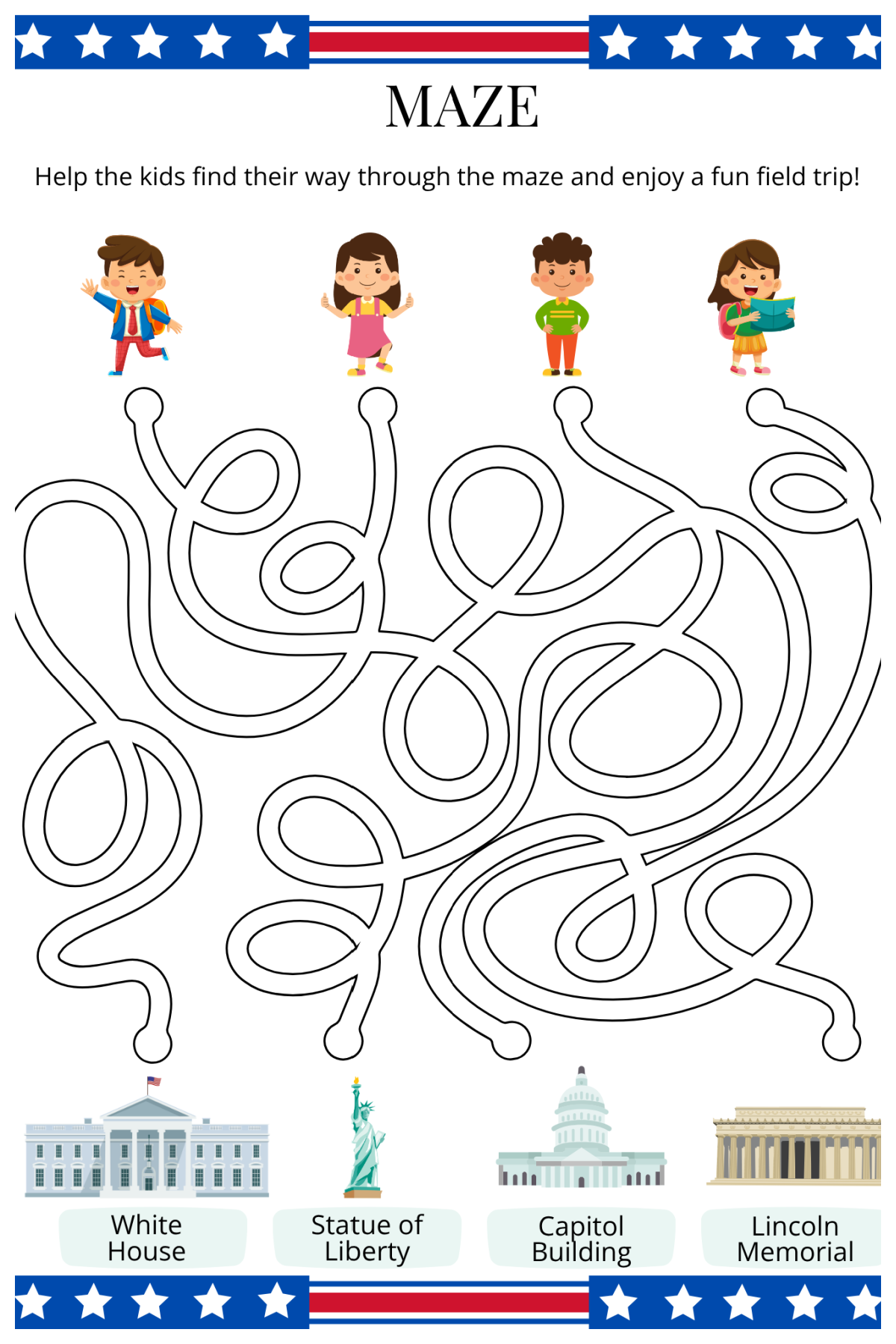 4th Of July Activity Pages- maze with lines, kids, white house, and momuments- Kids Activities Blog