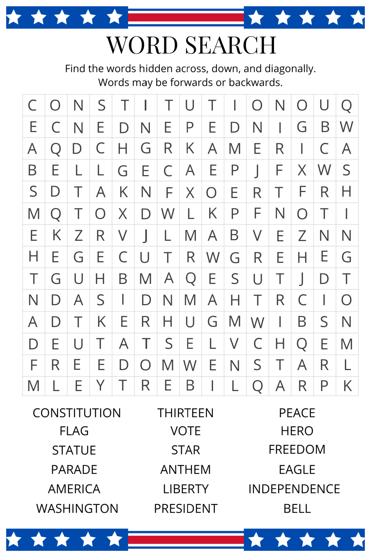 4th Of July Activity Pages- word search with letters and words- Kids Activities Blog