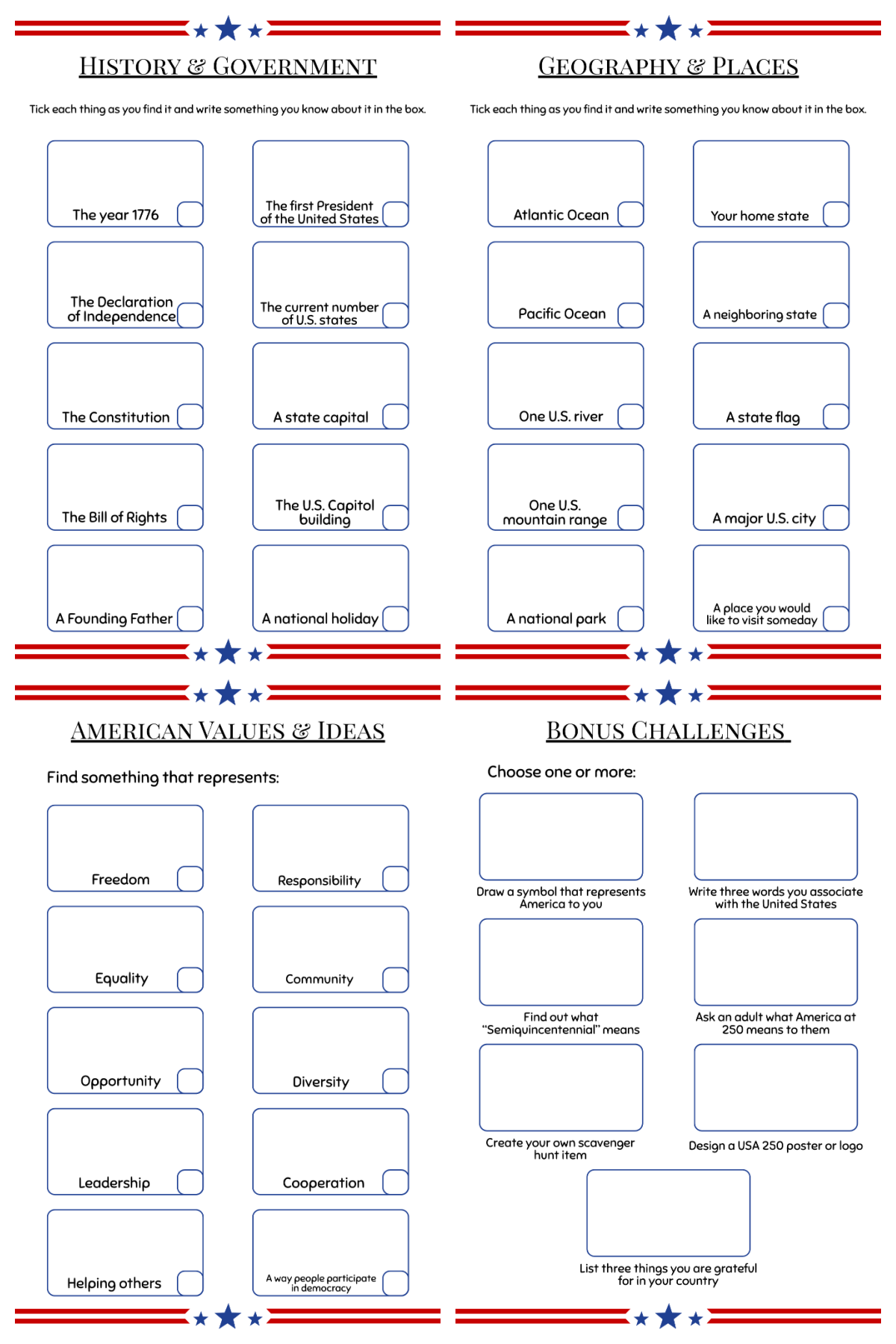 4th of July Scavenger Hunt- black and white boxes and printables with red lines and blue stars-Kids Activities Blog