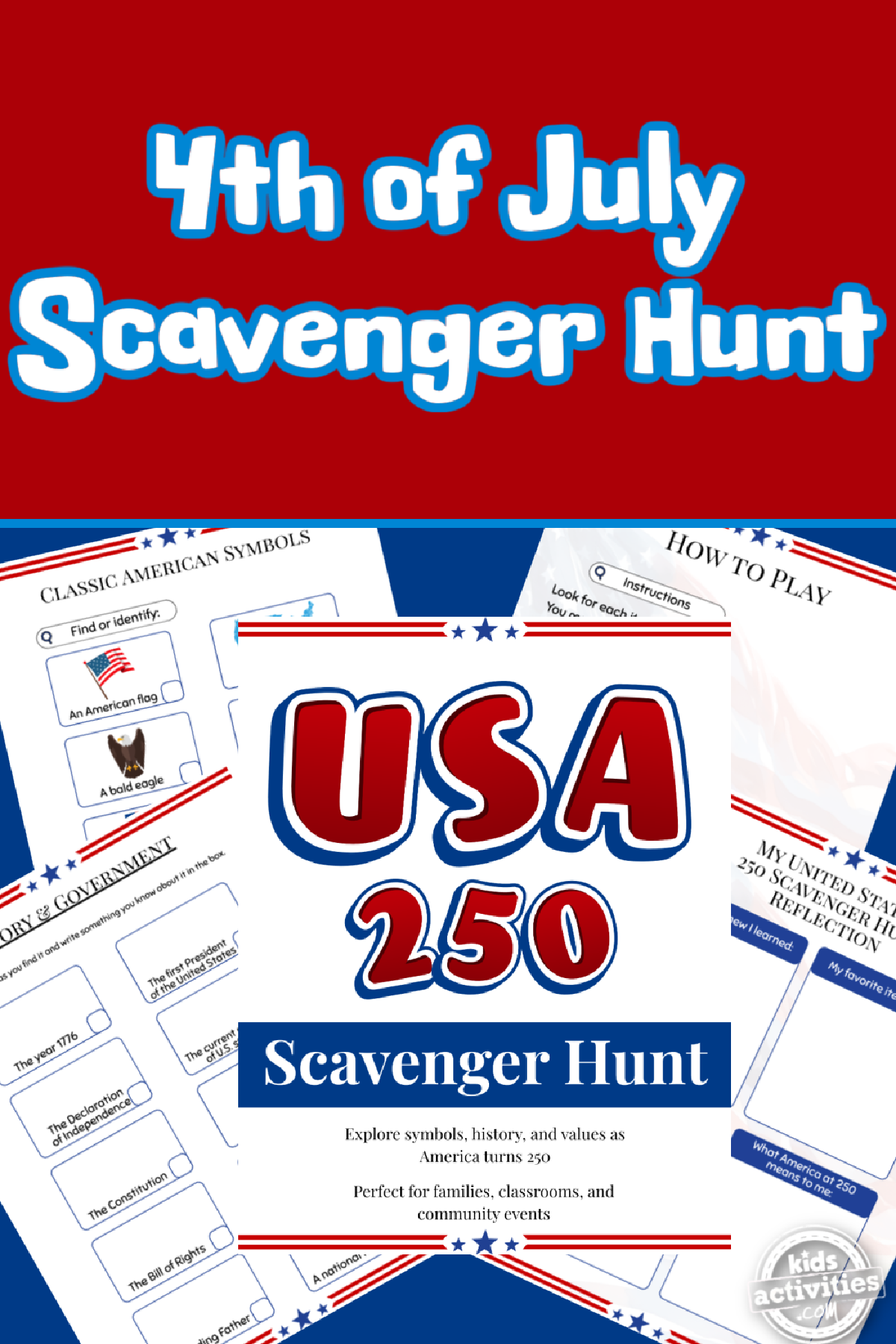 4th of July Scavenger Hunt- printables on blue and red background -Kids Activities Blog