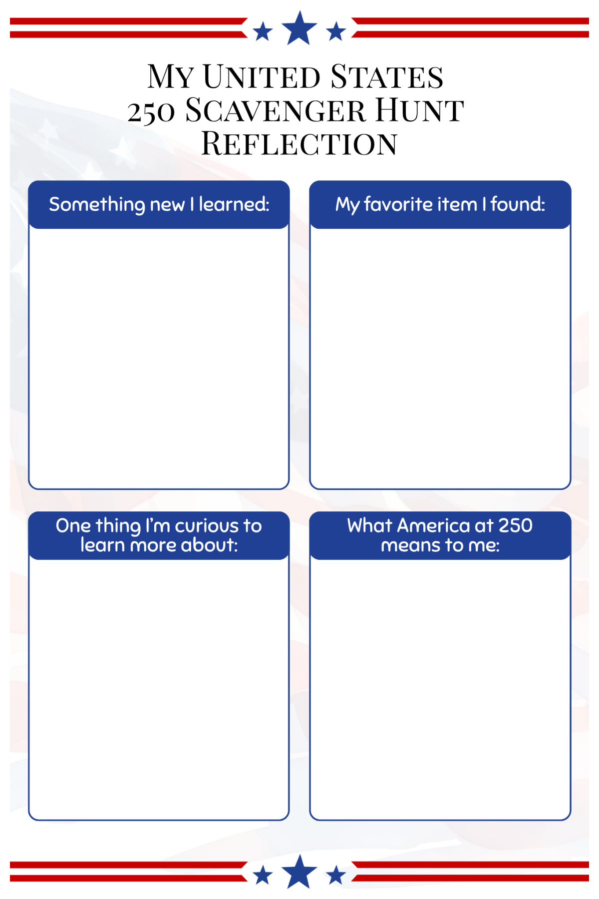 4th of July Scavenger Hunt- blue boxes with text -Kids Activities Blog