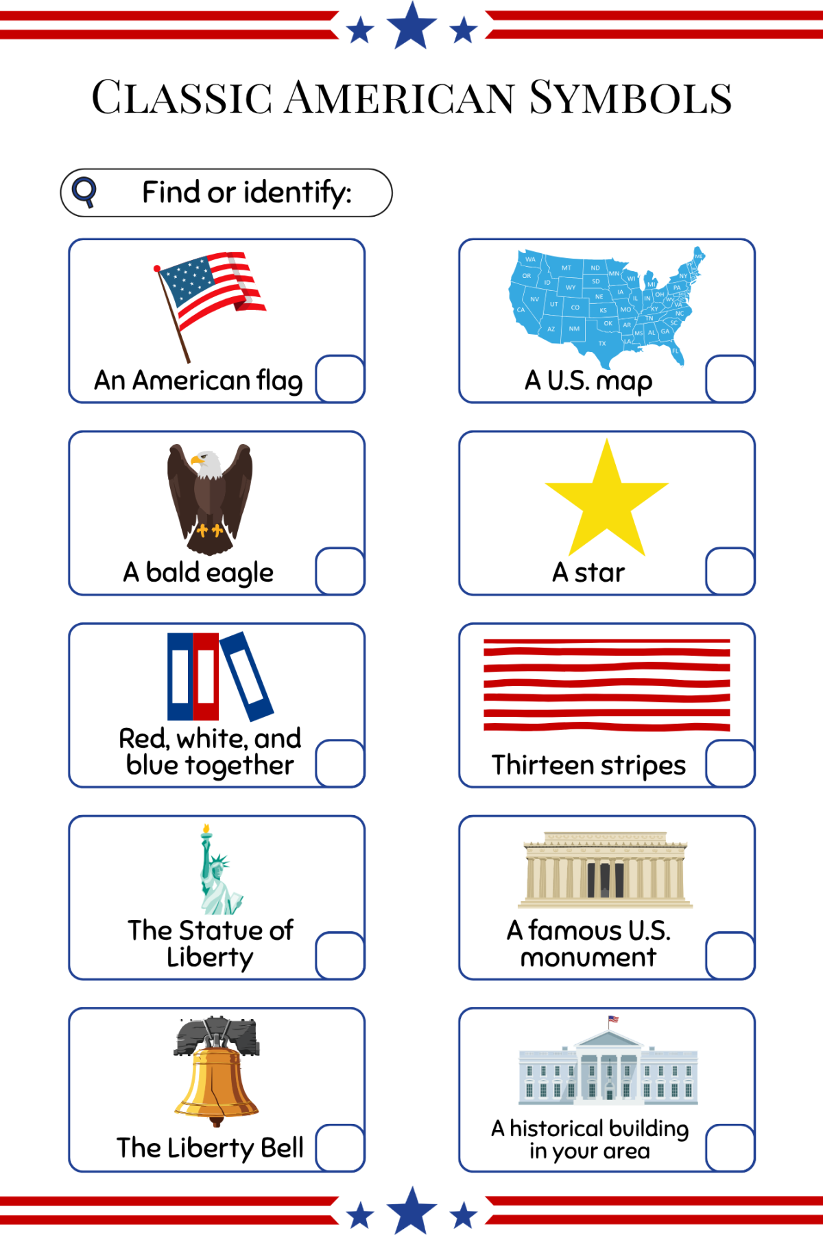 4th of July Scavenger Hunt- images in boxes with check boxes-Kids Activities Blog