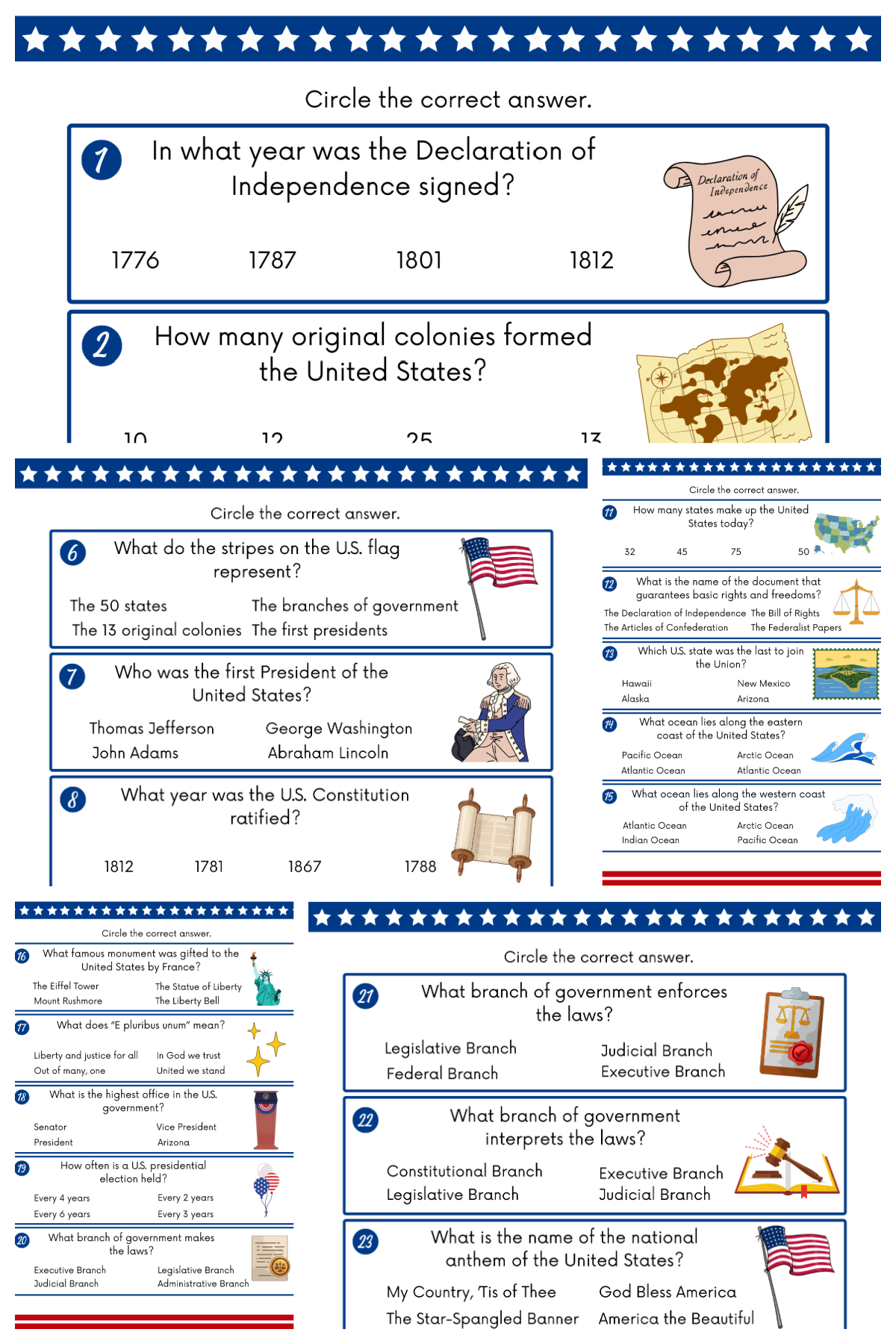 4th of July Trivia- 5 red white and blue worksheets with text and images - Kids Activities Blog