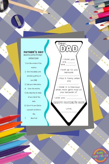 Father's Day Letter- Printable on paper with coloring accessories on blue, gray, yellow background -Kids Activities Blog