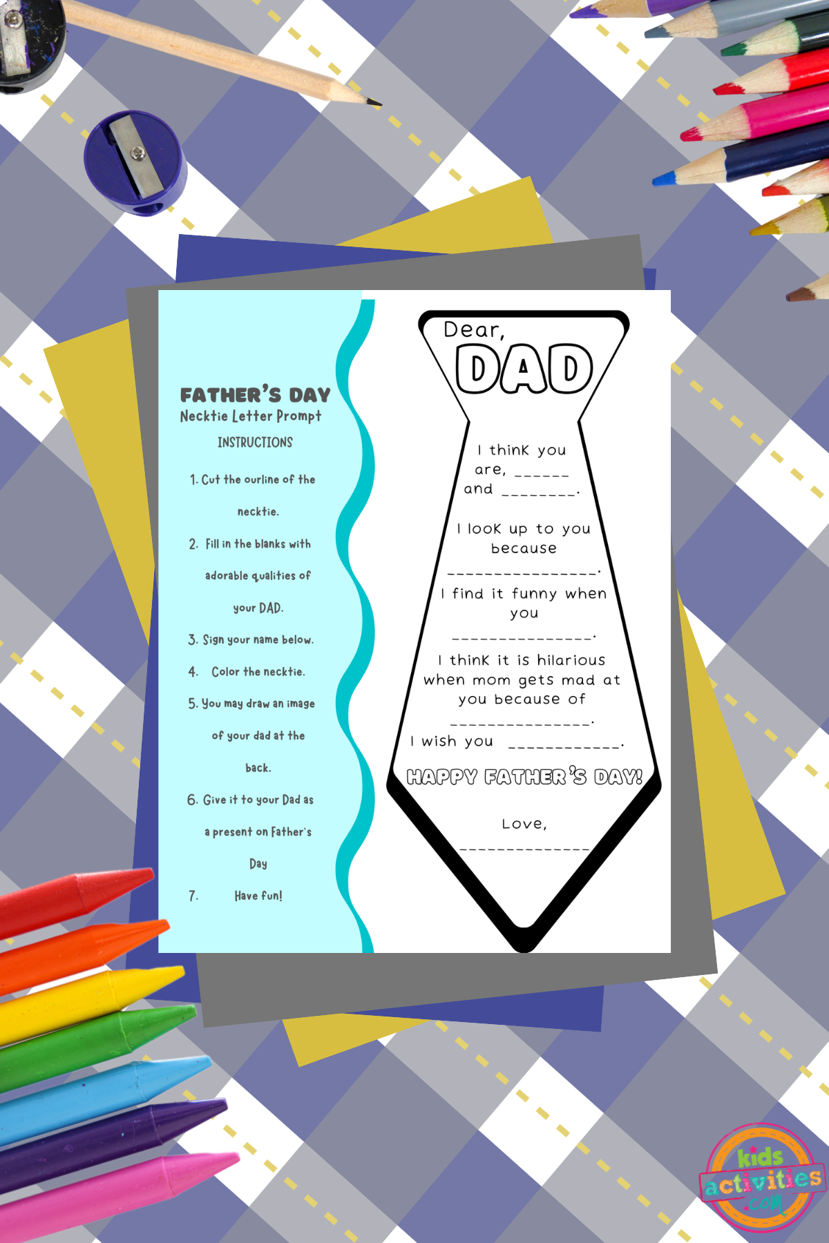 Father's Day Letter- Printable on paper with coloring accessories on blue, gray, yellow background -Kids Activities Blog