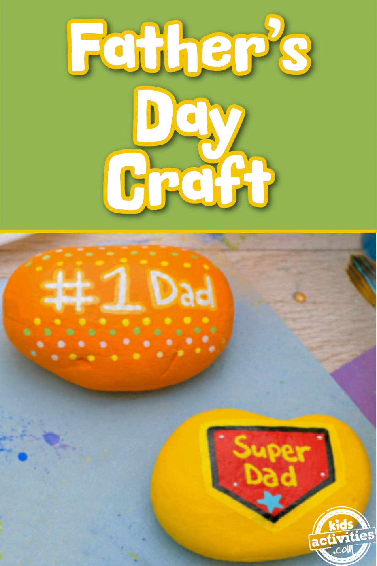 Father's Day Painted Rock Craft- orange and yellow rocks with images blue background and words-Kids Activities Blog