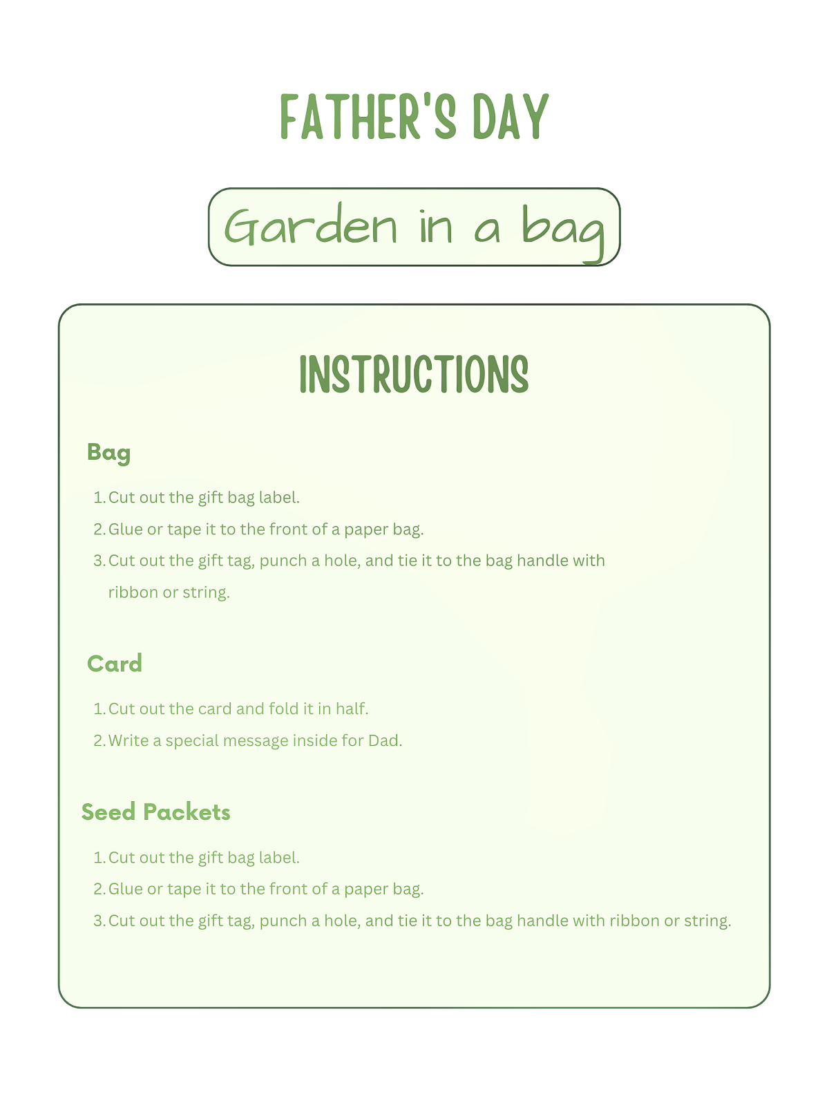 Father's Day Garden In A Bag Craft- green text and background - Kids Activities Blog