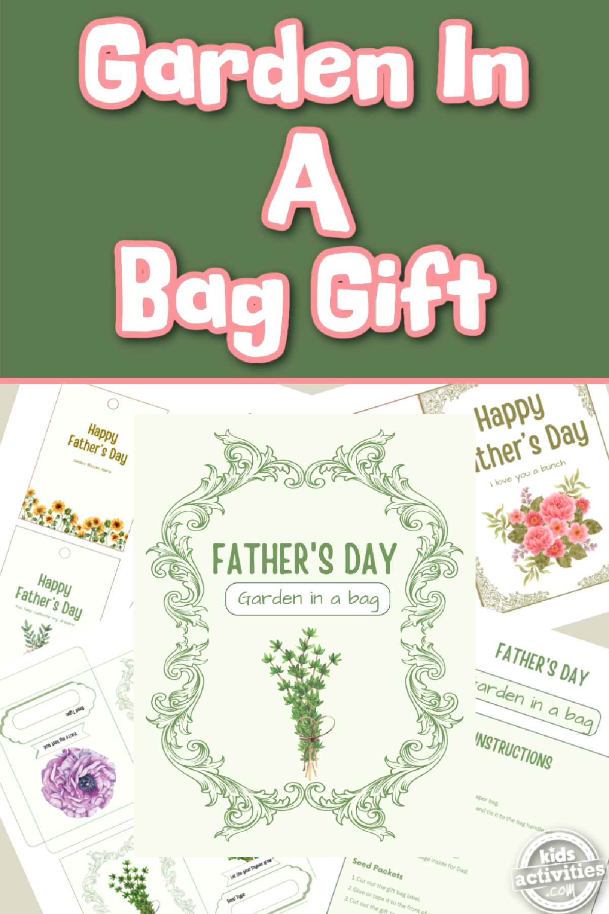 Father's Day Garden In A Bag Craft- printables on a green and pink background - Kids Activities Blog