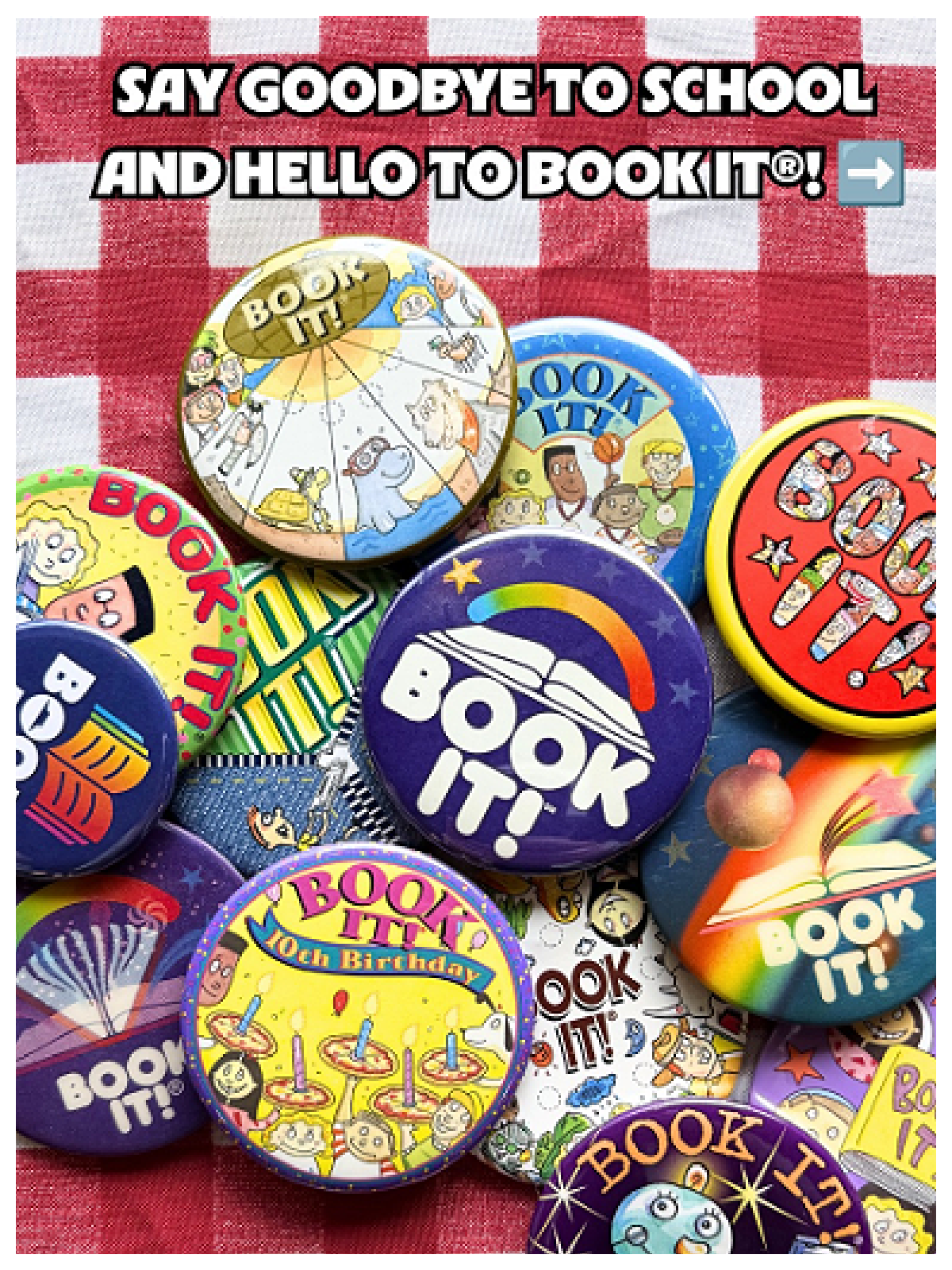Pizza Hunt BOOK IT Reading Program- checkered red and white table with pins and text - Kids Activities Blog