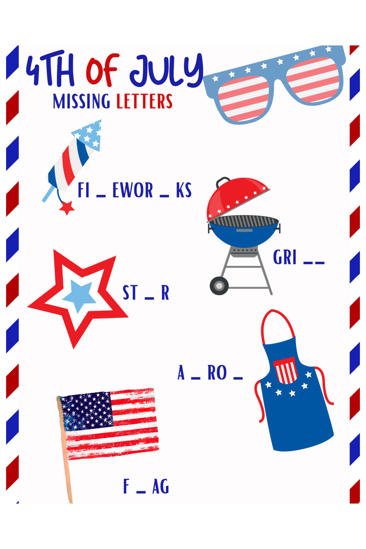 4th of July Activities- missing letter with images grill fireworks, flag star and apron and letters-Kids Activities Blog