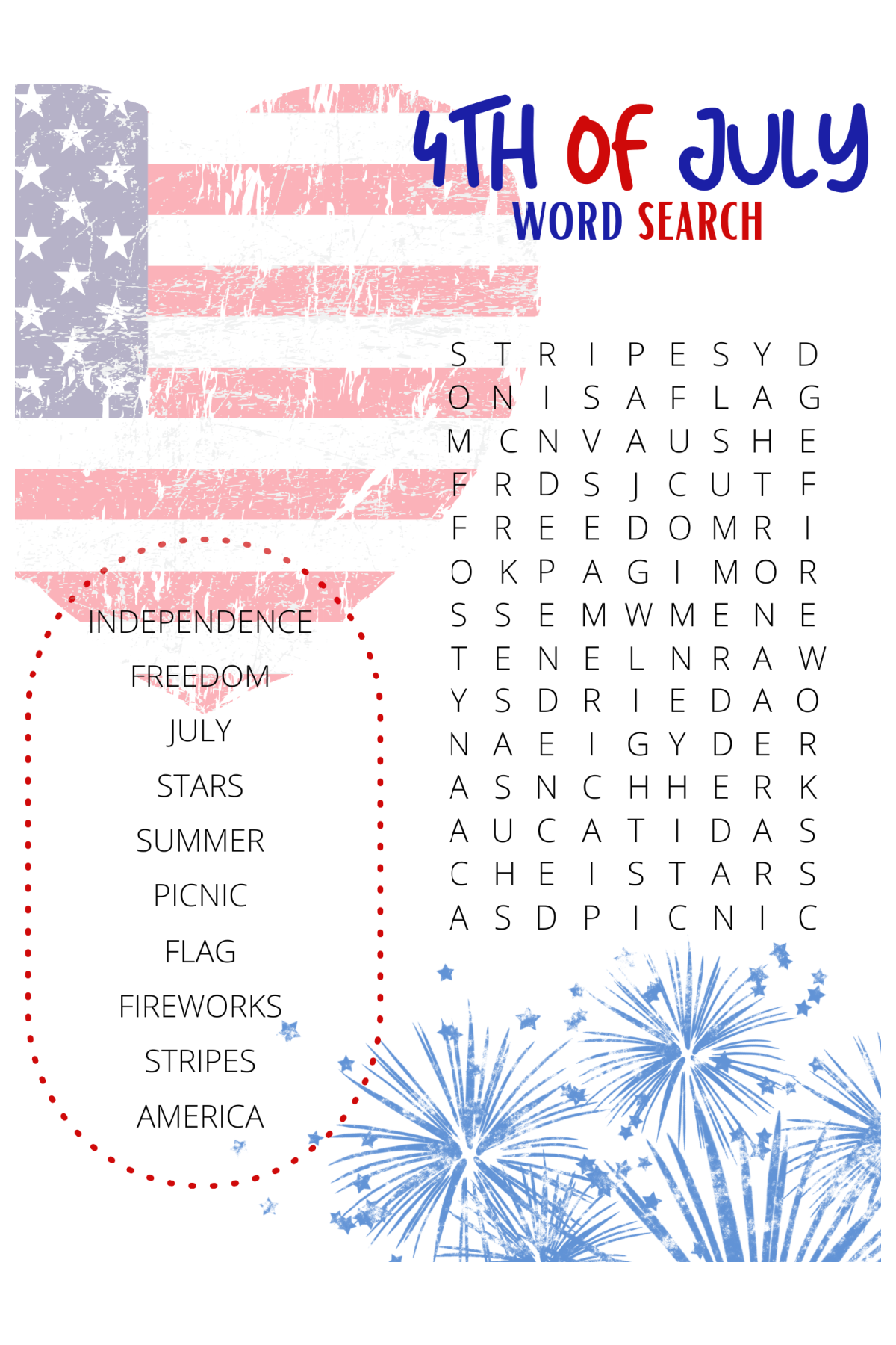 4th of July Activities- word search with red white and blue letters and words-Kids Activities Blog